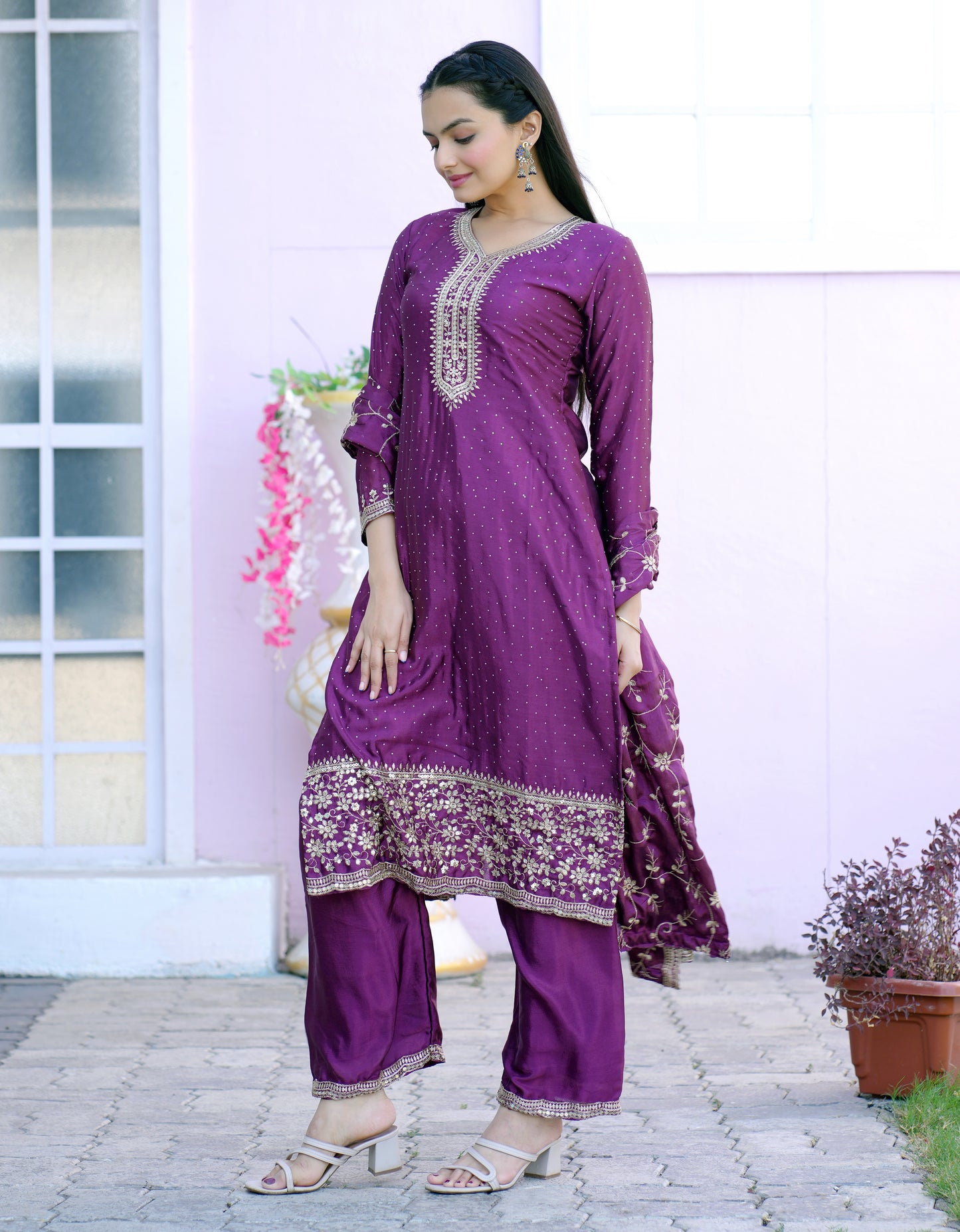 Designer Chinon Embroidered Suit with Sequin & Stone Work | Party‑Wear Salwar Kameez Drape Dress