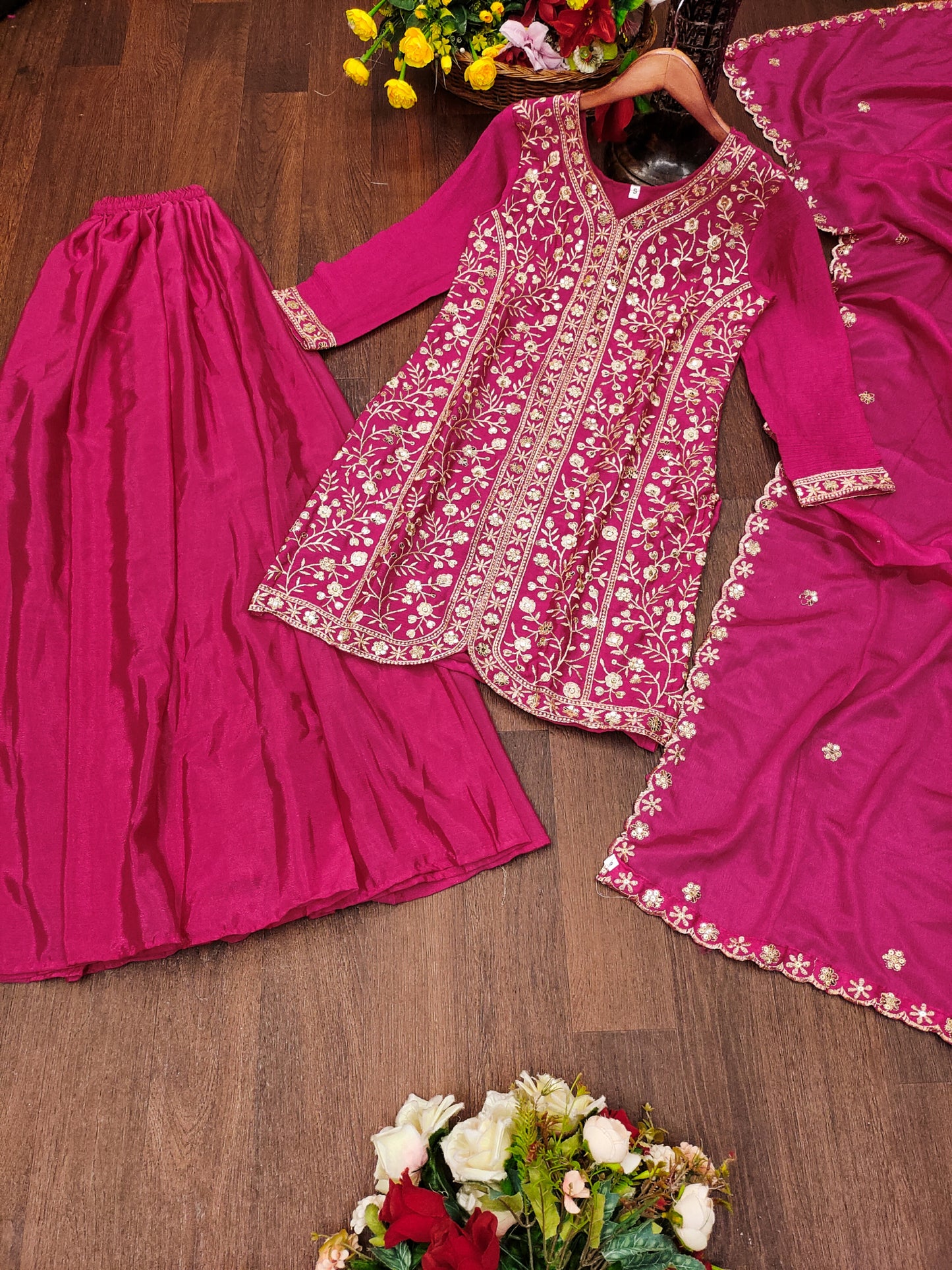 Chinon Designer Sharara Suit with Sequin Embroidery Drape Dress