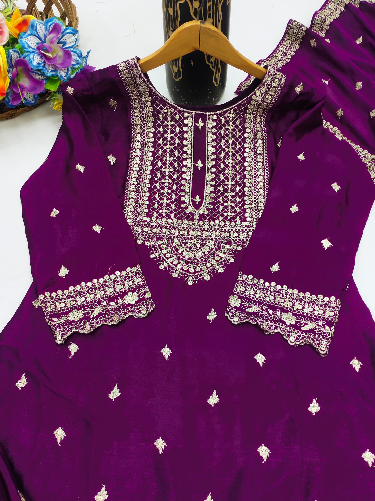 Designer Chinon Sharara Suit with Cording‑Sequin Embroidery | Party‑Wear Ensemble Drape Dress
