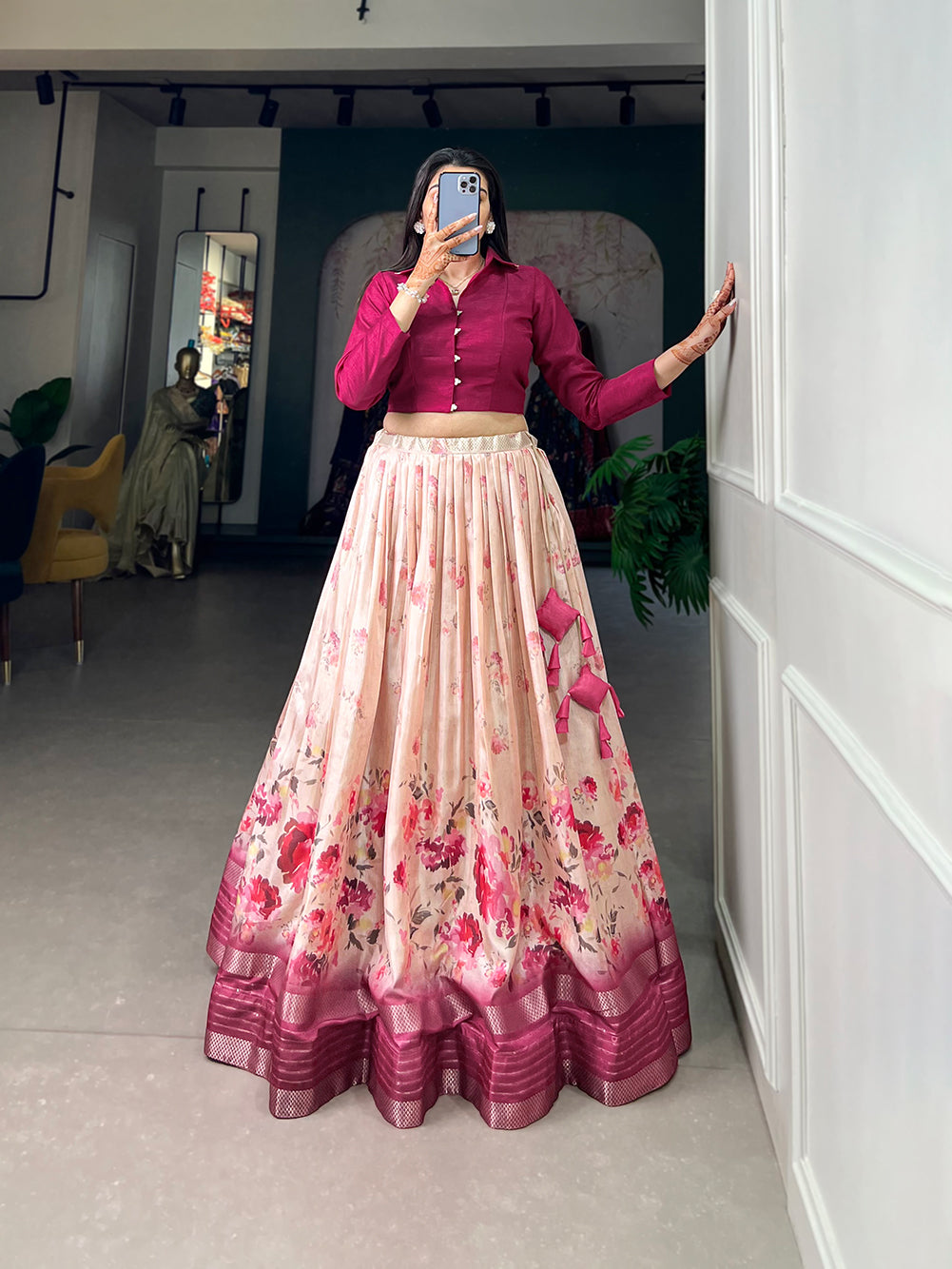 Dola Silk Lehenga, Floral Print Lehenga, Zari Border Lehenga, Banglory Blouse, Ready to Wear Lehenga, Stitched Floral Lehenga, Lightweight Silk Lehenga, South Indian Fashion, Hyderabad Lehenga, Trendy Lehenga Choli, 3.5 Meter Flair Lehenga, Floral Coord Set, Indian Wedding Wear, Festive Lehenga Set