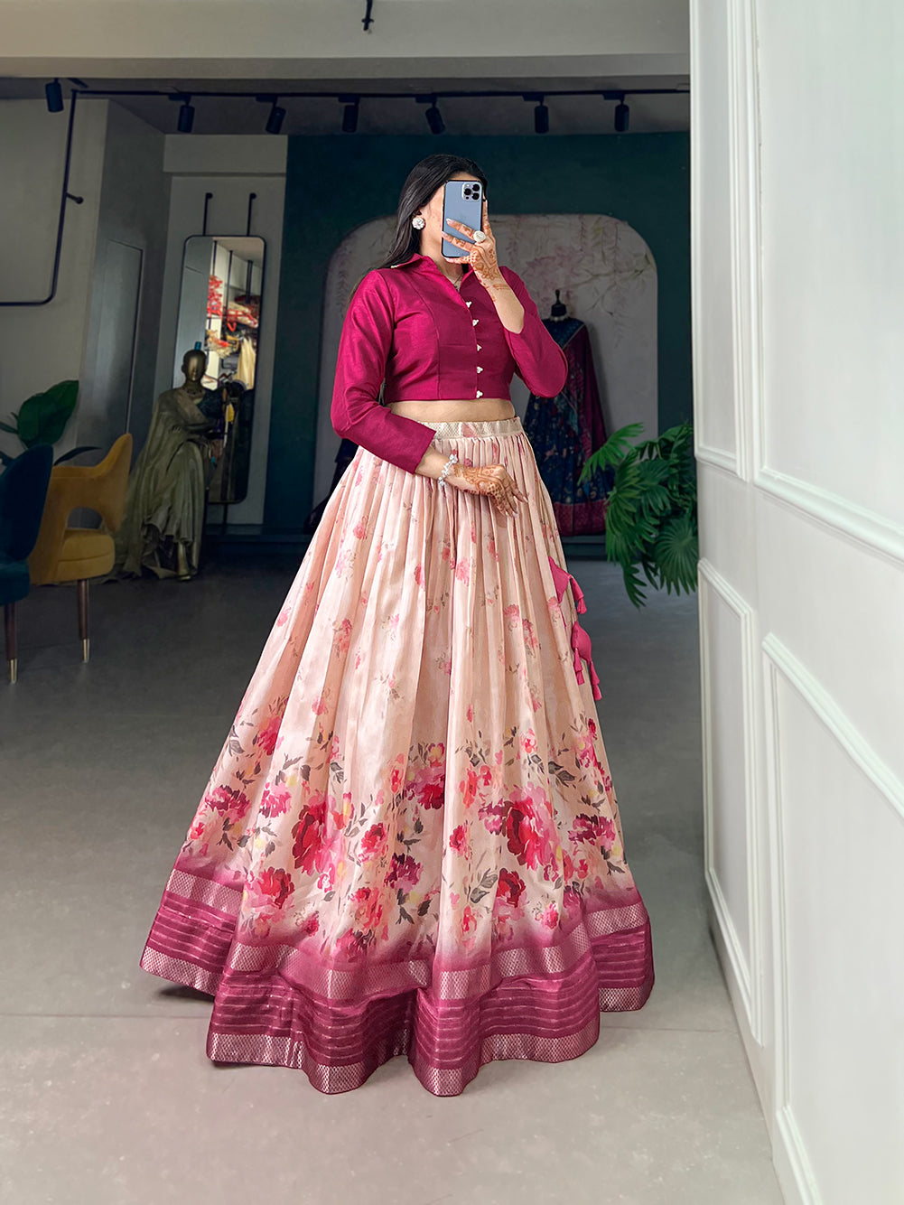 Dola Silk Lehenga, Floral Print Lehenga, Zari Border Lehenga, Banglory Blouse, Ready to Wear Lehenga, Stitched Floral Lehenga, Lightweight Silk Lehenga, South Indian Fashion, Hyderabad Lehenga, Trendy Lehenga Choli, 3.5 Meter Flair Lehenga, Floral Coord Set, Indian Wedding Wear, Festive Lehenga Set
