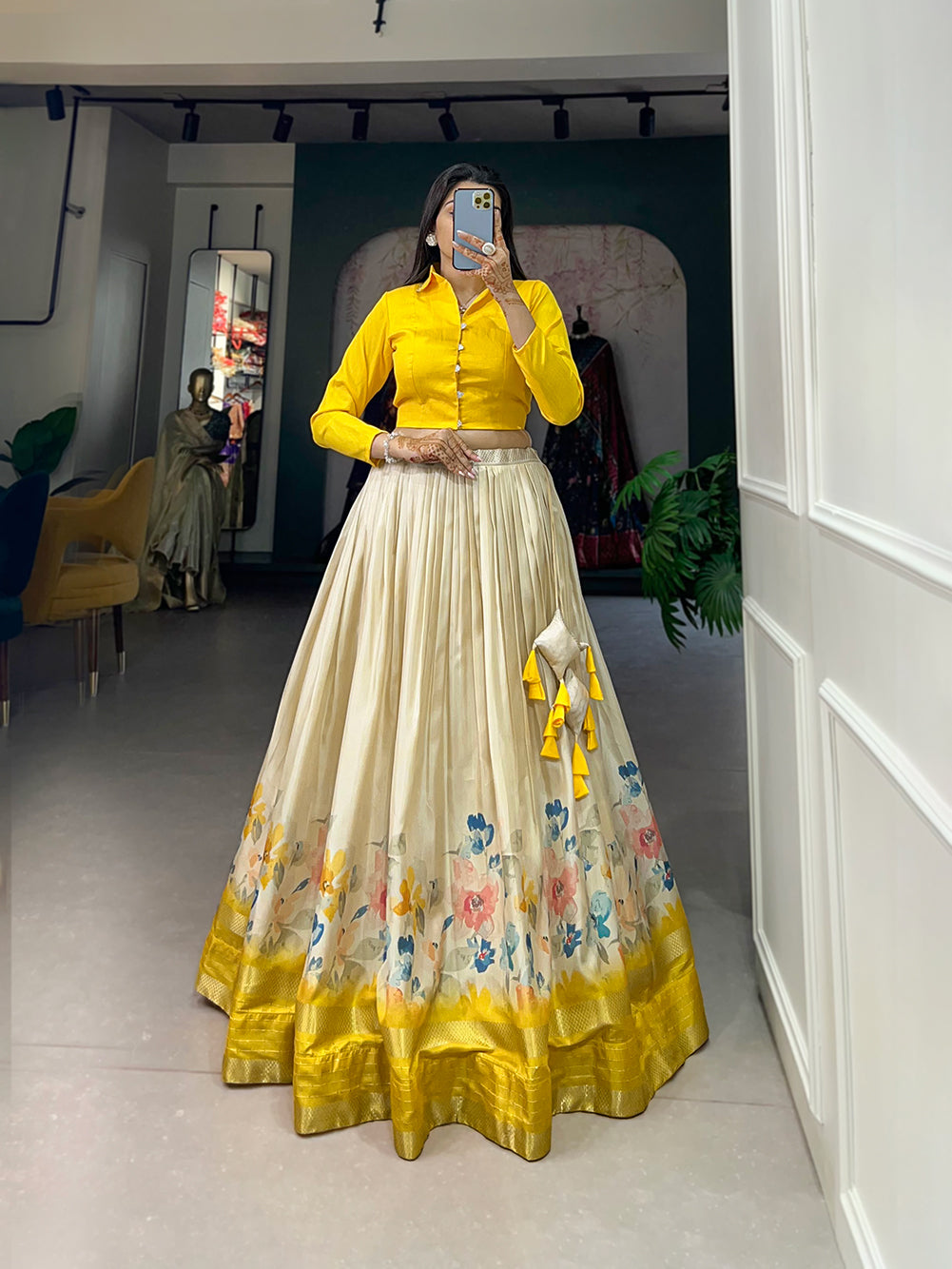 Dola Silk Lehenga, Floral Print Lehenga, Zari Border Lehenga, Banglory Blouse, Ready to Wear Lehenga, Stitched Floral Lehenga, Lightweight Silk Lehenga, South Indian Fashion, Hyderabad Lehenga, Trendy Lehenga Choli, 3.5 Meter Flair Lehenga, Floral Coord Set, Indian Wedding Wear, Festive Lehenga Set