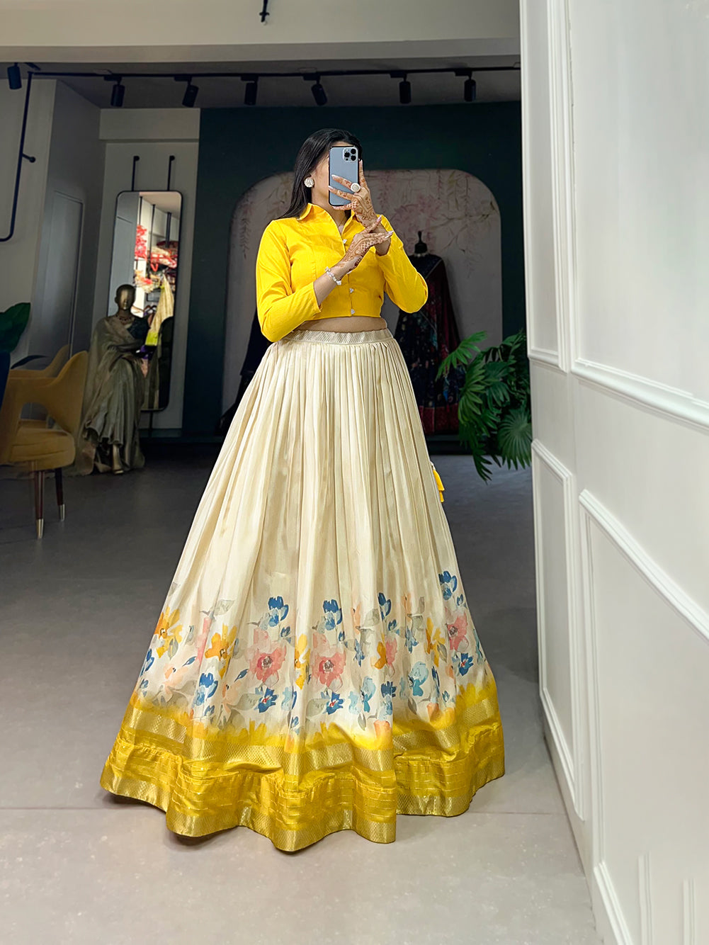 Dola Silk Lehenga, Floral Print Lehenga, Zari Border Lehenga, Banglory Blouse, Ready to Wear Lehenga, Stitched Floral Lehenga, Lightweight Silk Lehenga, South Indian Fashion, Hyderabad Lehenga, Trendy Lehenga Choli, 3.5 Meter Flair Lehenga, Floral Coord Set, Indian Wedding Wear, Festive Lehenga Set