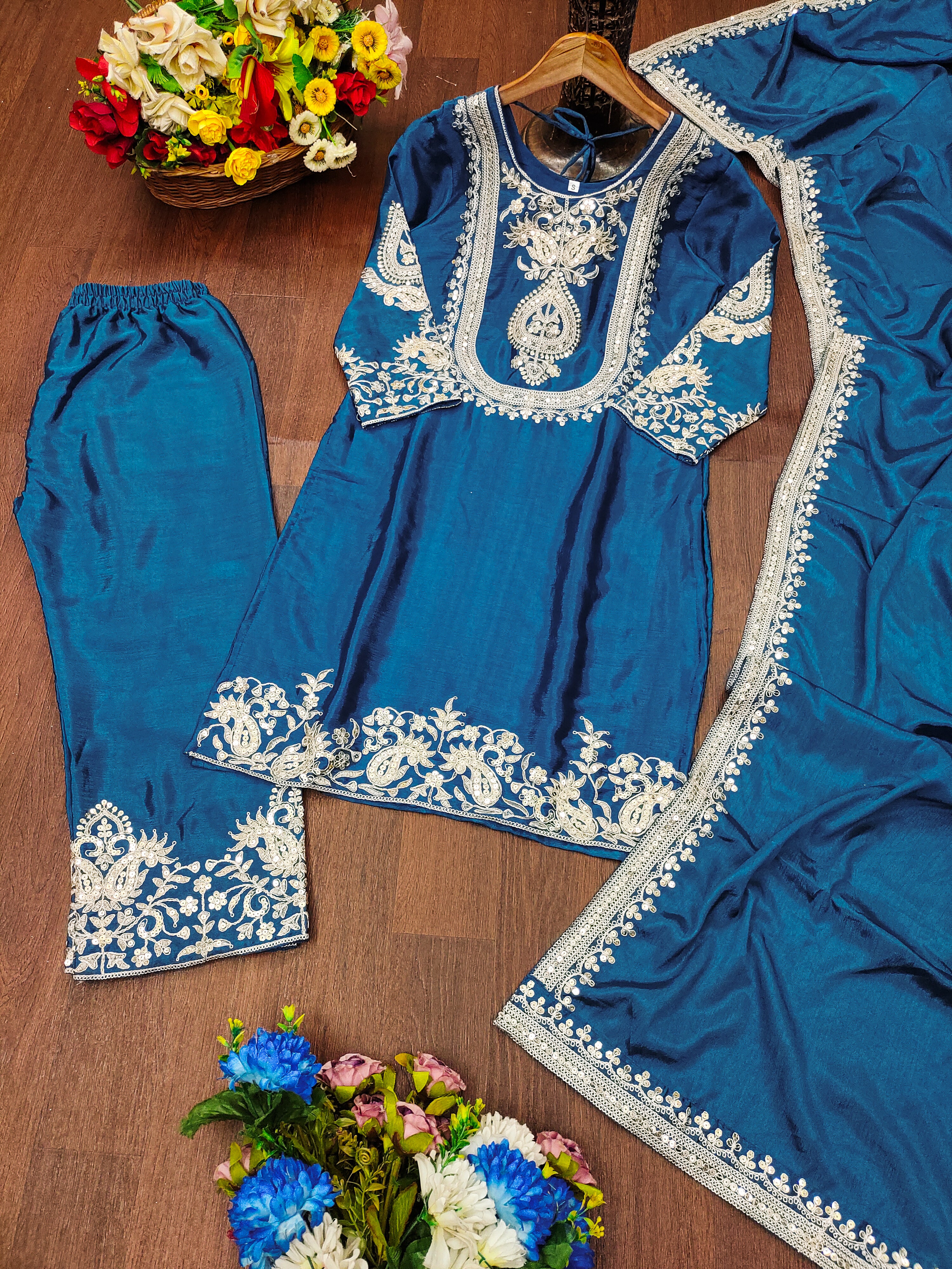 Luxuriant Chinnon Sequence Work Blue Color Salwar Suit