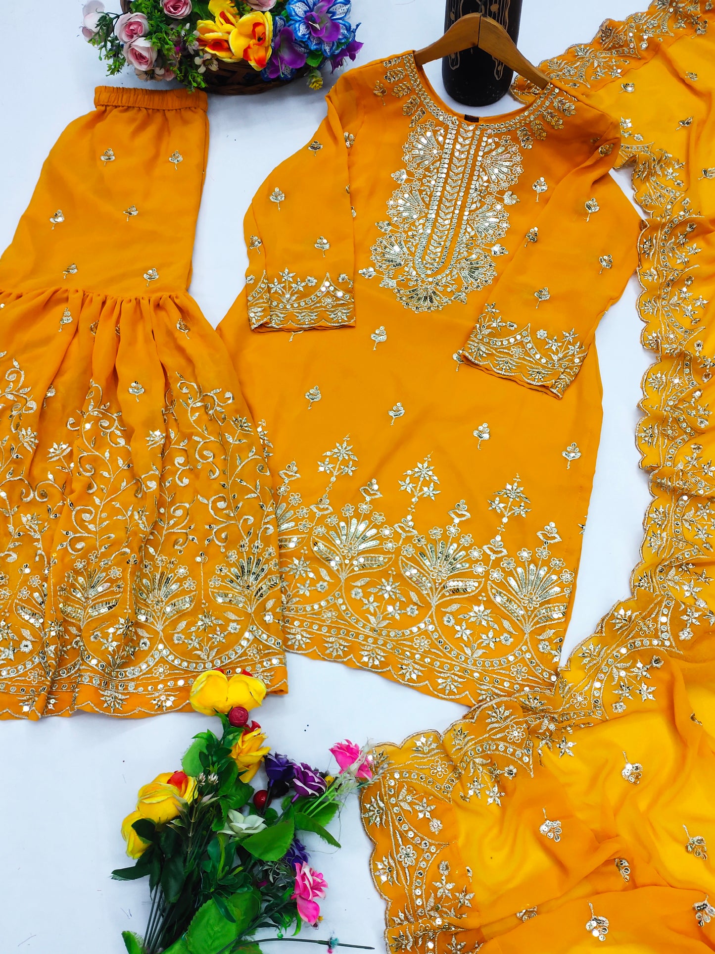 Designer Georgette Sequin-Embroidered Sharara Suit | Party Wear Drape Dress