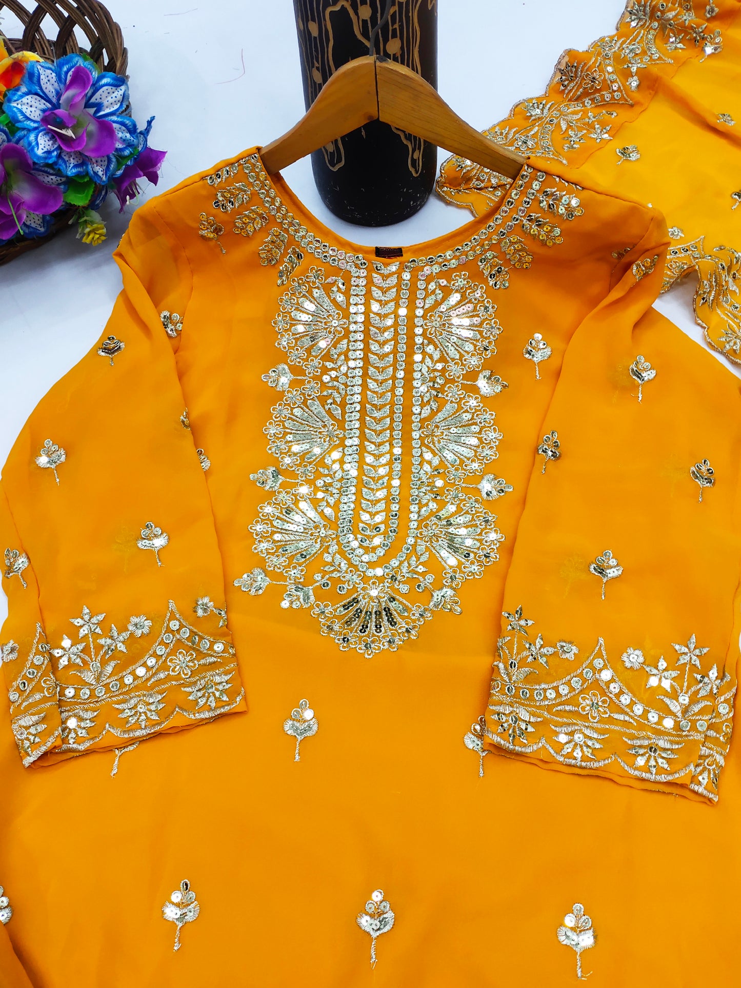 Designer Georgette Sequin-Embroidered Sharara Suit | Party Wear Drape Dress