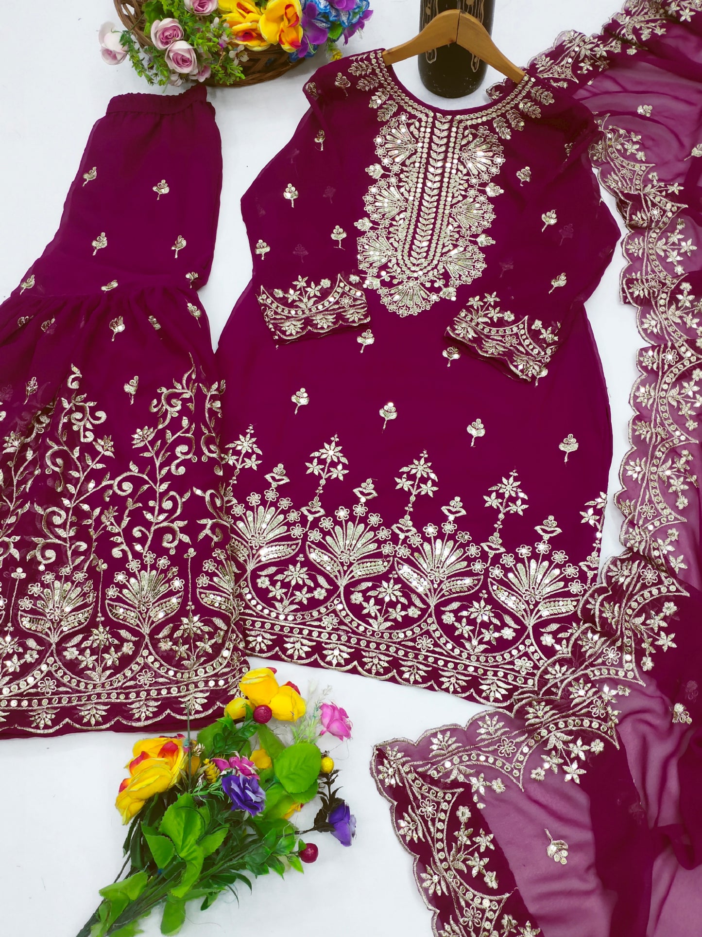 Designer Georgette Sequin-Embroidered Sharara Suit | Party Wear Drape Dress
