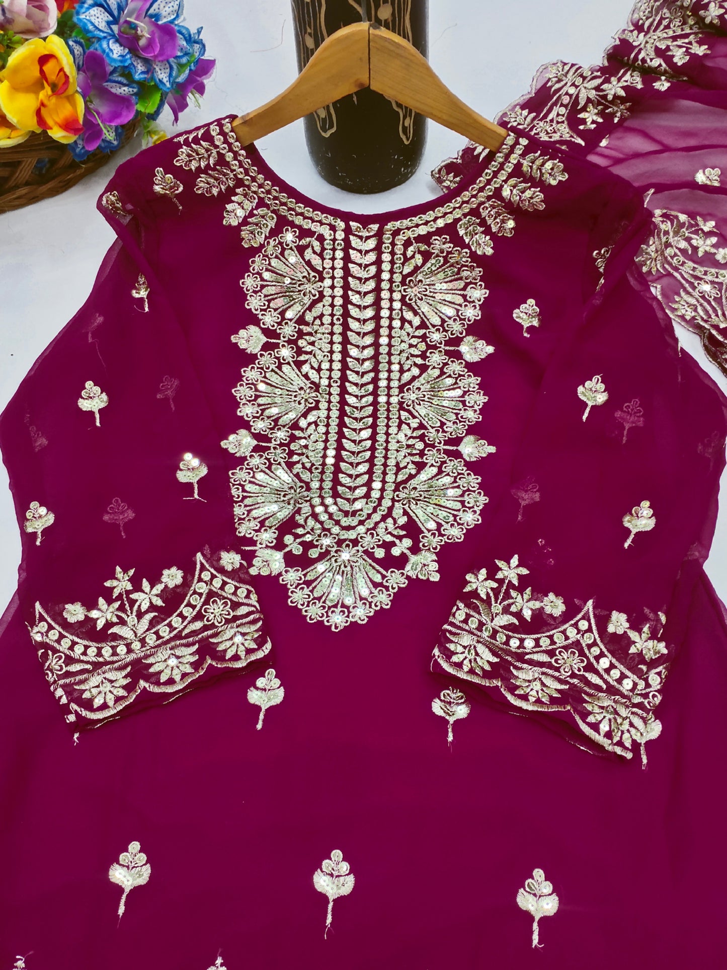 Designer Georgette Sequin-Embroidered Sharara Suit | Party Wear Drape Dress