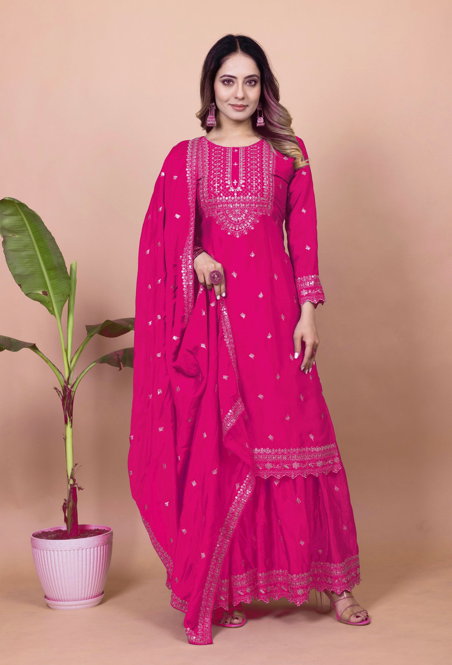 Designer Chinon Sharara Suit with Cording‑Sequin Embroidery | Party‑Wear Ensemble Drape Dress