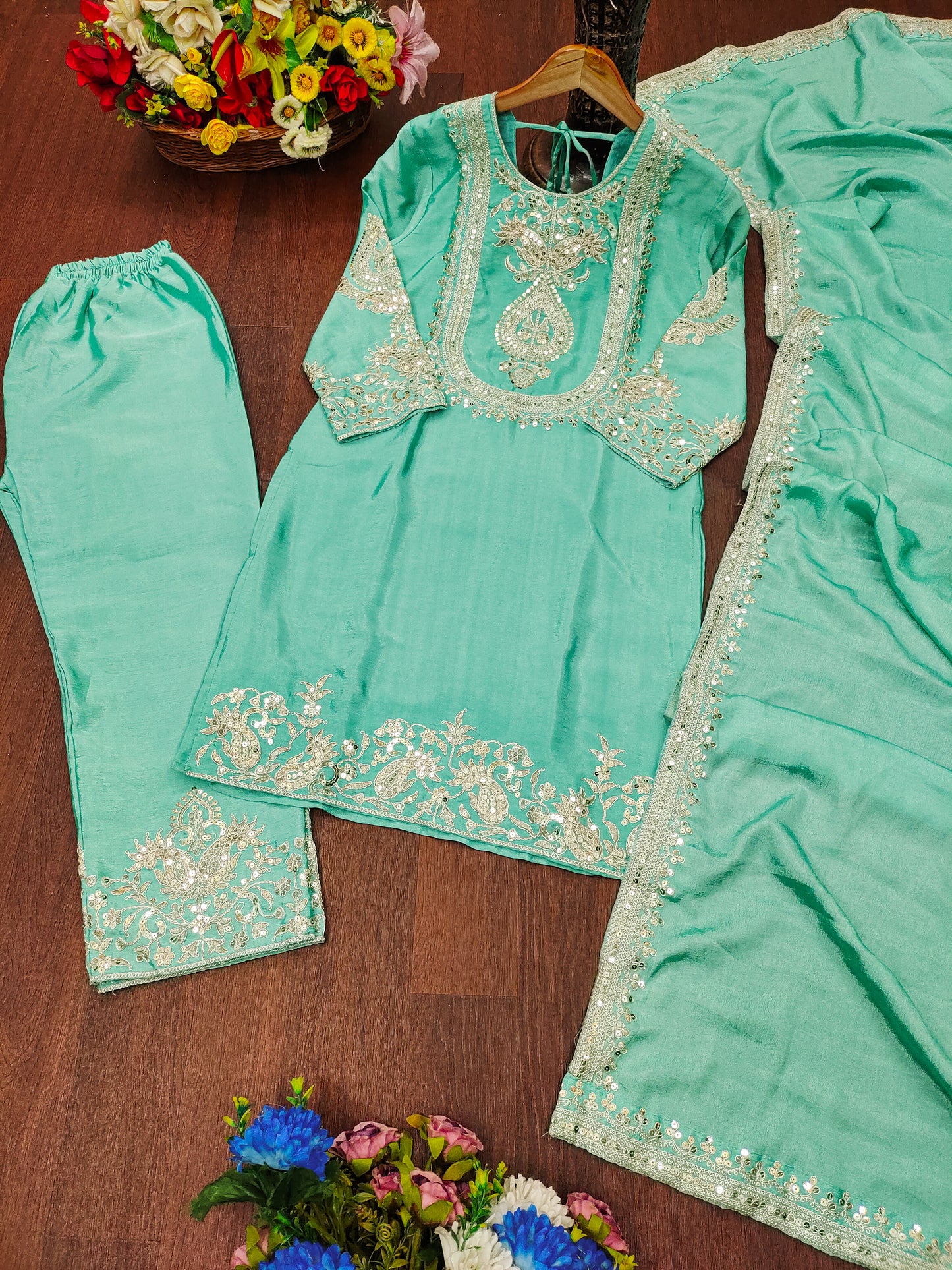 Luxuriant Chinnon Sequence Work Light Green Color Salwar Suit