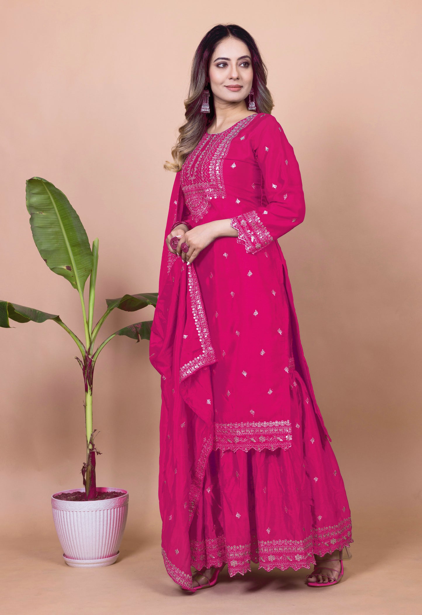 Designer Chinon Sharara Suit with Cording‑Sequin Embroidery | Party‑Wear Ensemble Drape Dress