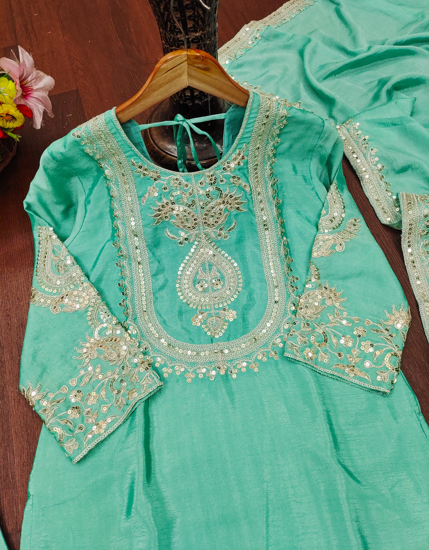 Luxuriant Chinnon Sequence Work Light Green Color Salwar Suit