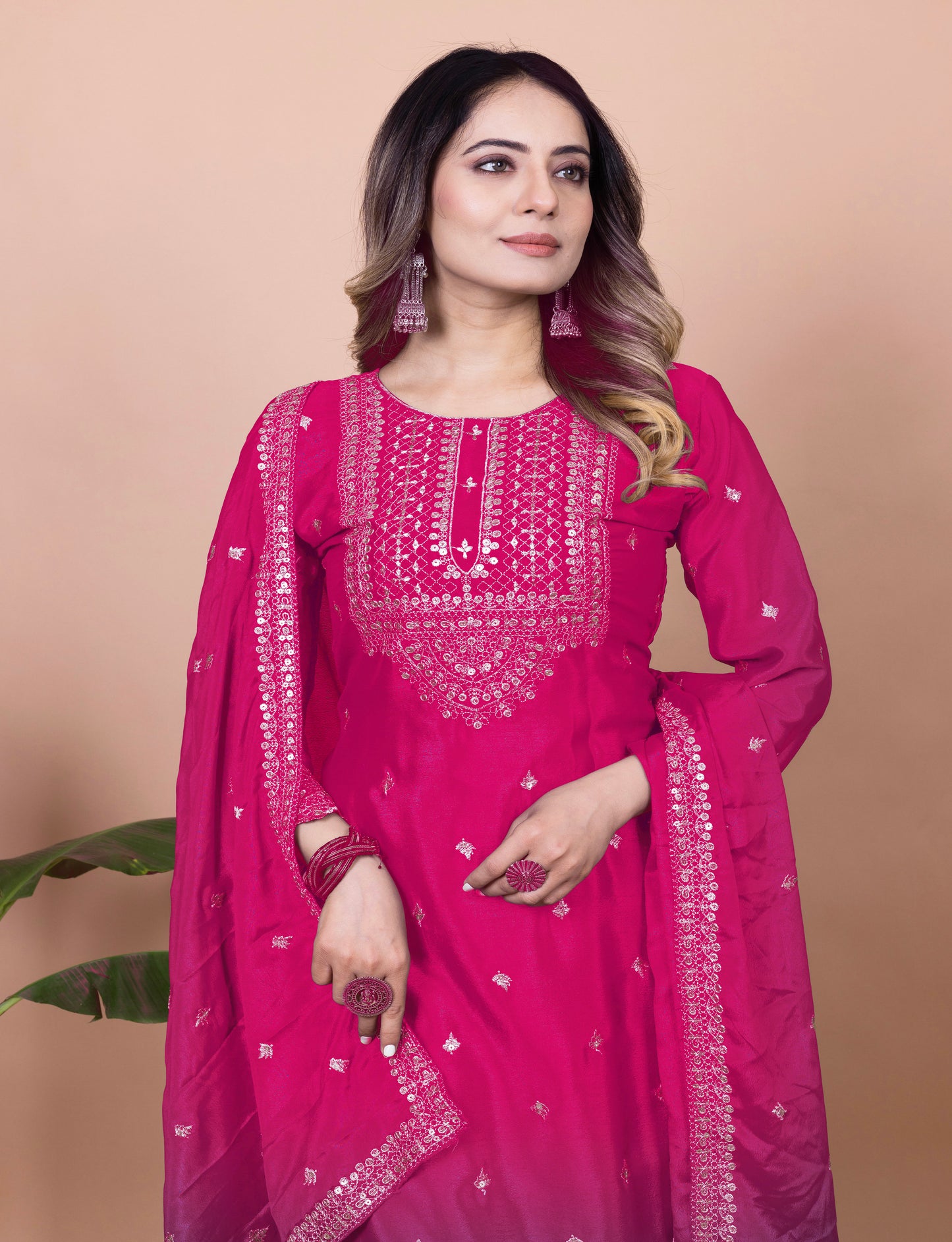 Designer Chinon Sharara Suit with Cording‑Sequin Embroidery | Party‑Wear Ensemble Drape Dress