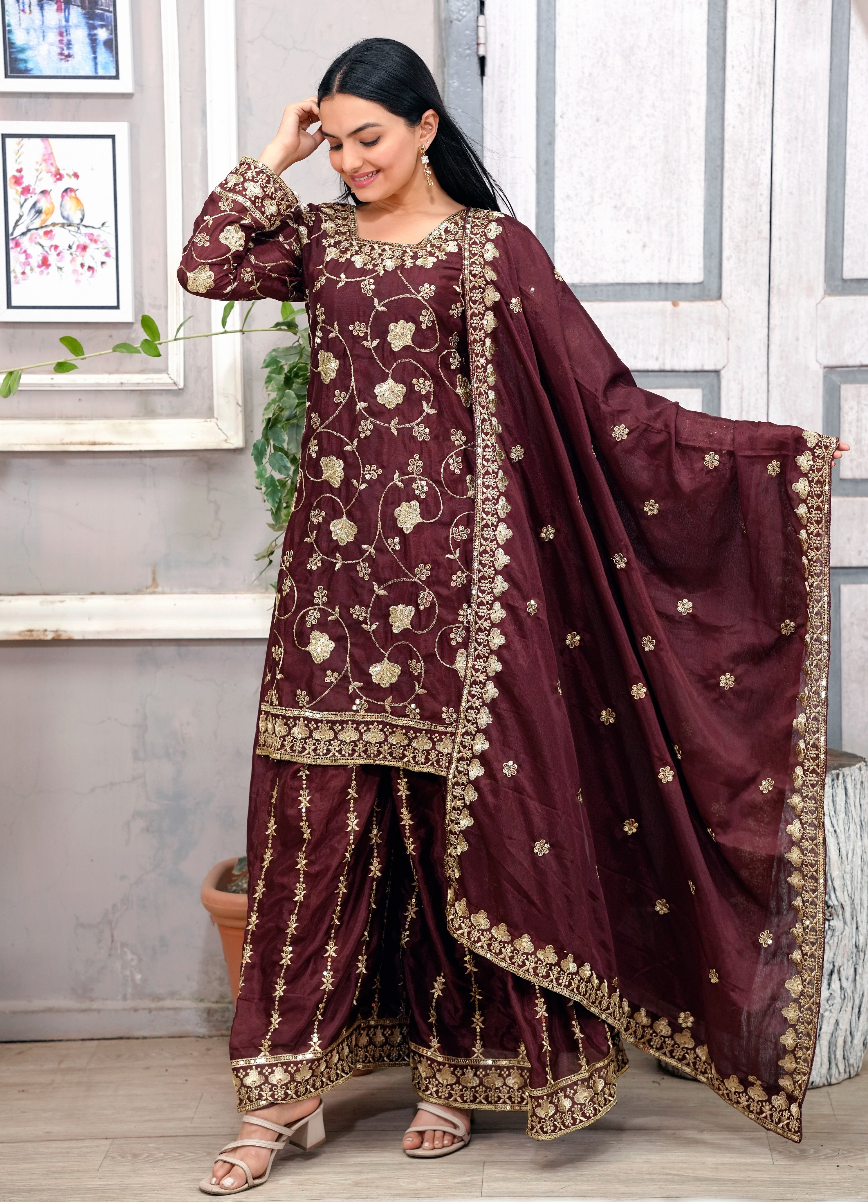 Designer Chinon Sequin-Embroidered Sharara Suit | Festive Party Wear Ensemble Drape Dress