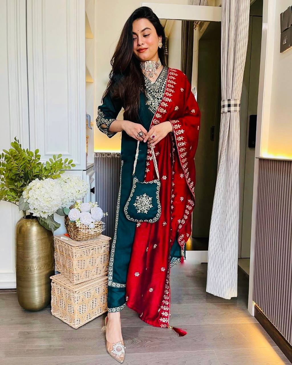 Lovely Peacock Blue Color Chinon Embroidery Work Salwar Suit
