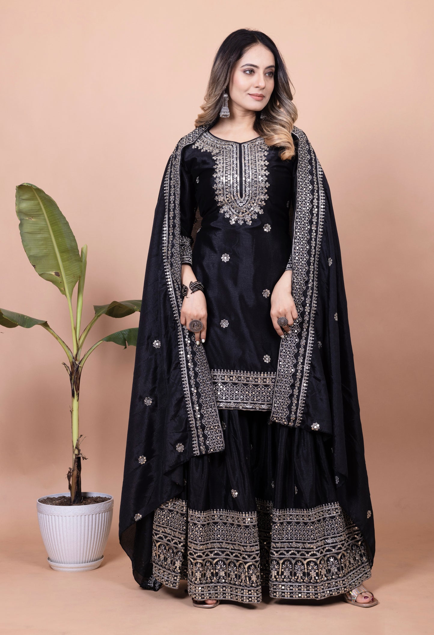 Designer Chinon Sharara Suit with Sequin Embroidery for Weddings Drape Dress