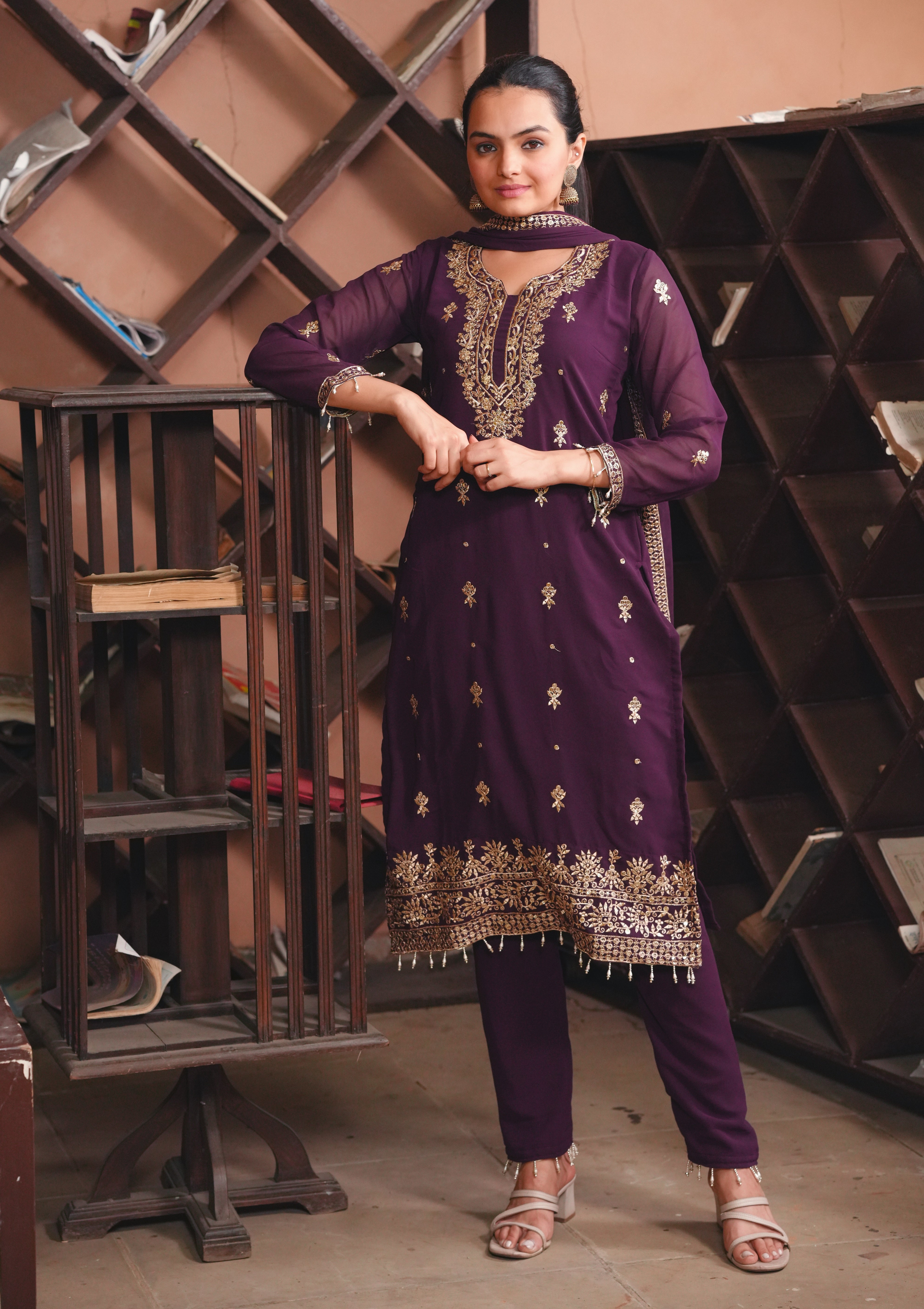 Purple Georgette Kurta Set with Golden Zari Work & Matching Dupatta