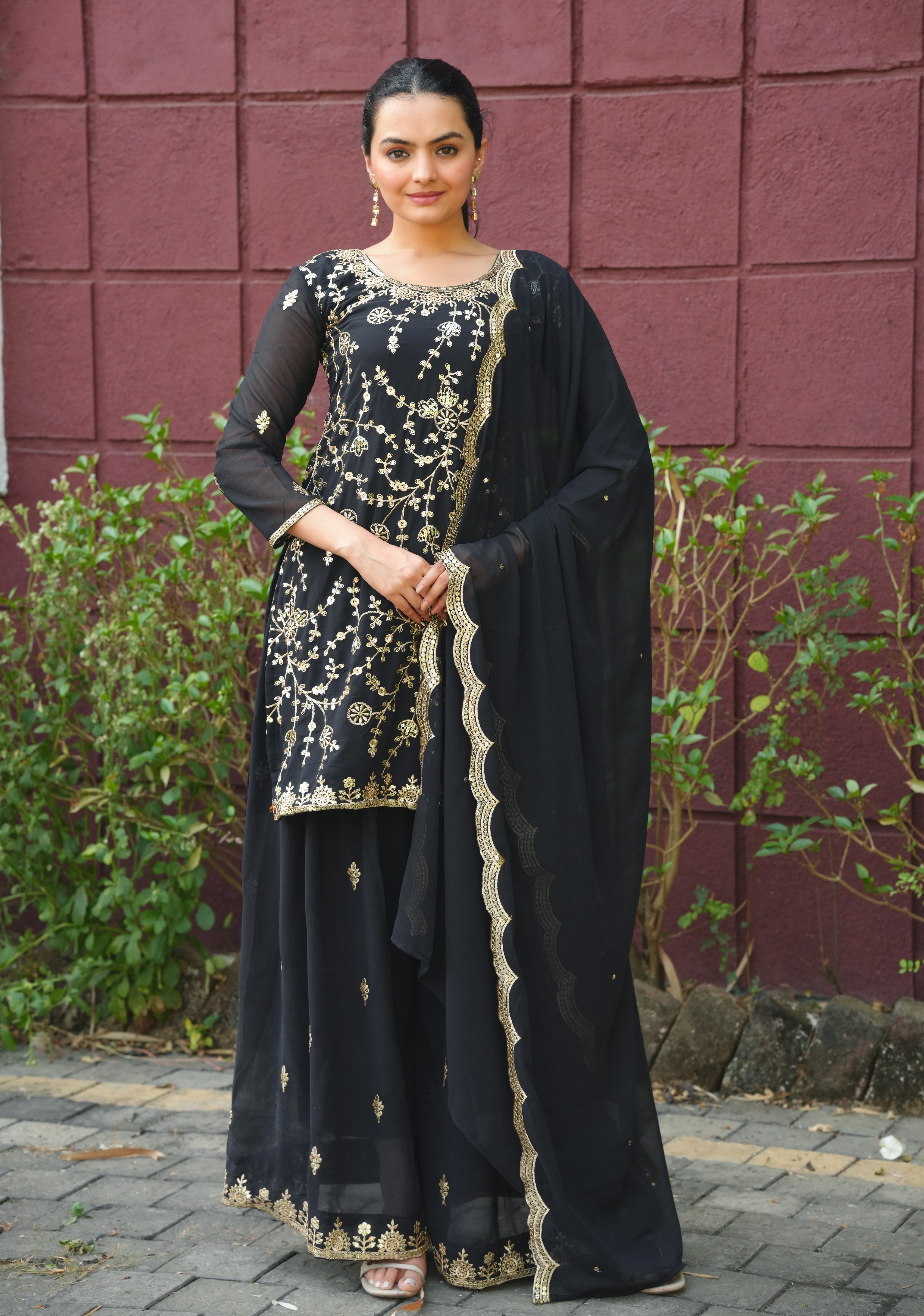 Black Georgette Sharara Suit with Heavy Golden Thread and Sequin Embroidery