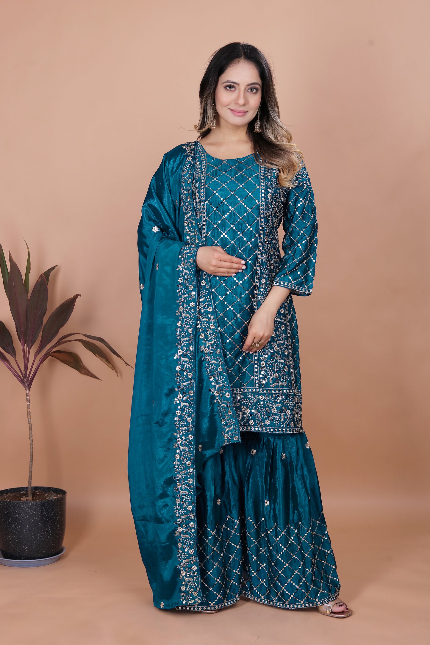 Teal Blue Silk Sharara Suit with Mirror Work and Floral Thread Embroidery