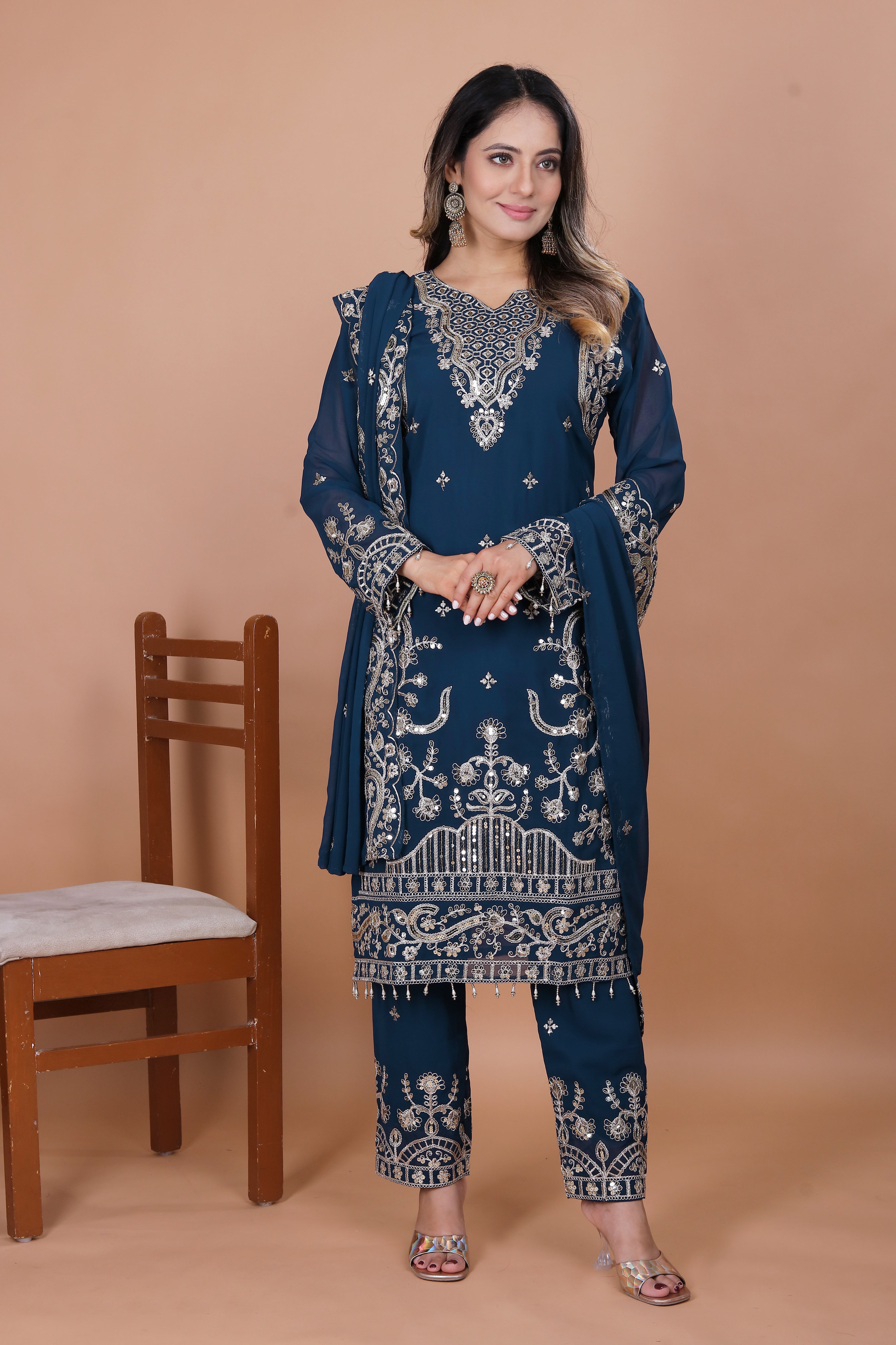 Teal Blue Silk Sharara Suit with Heavy Mirror Work and Intricate Embroidery