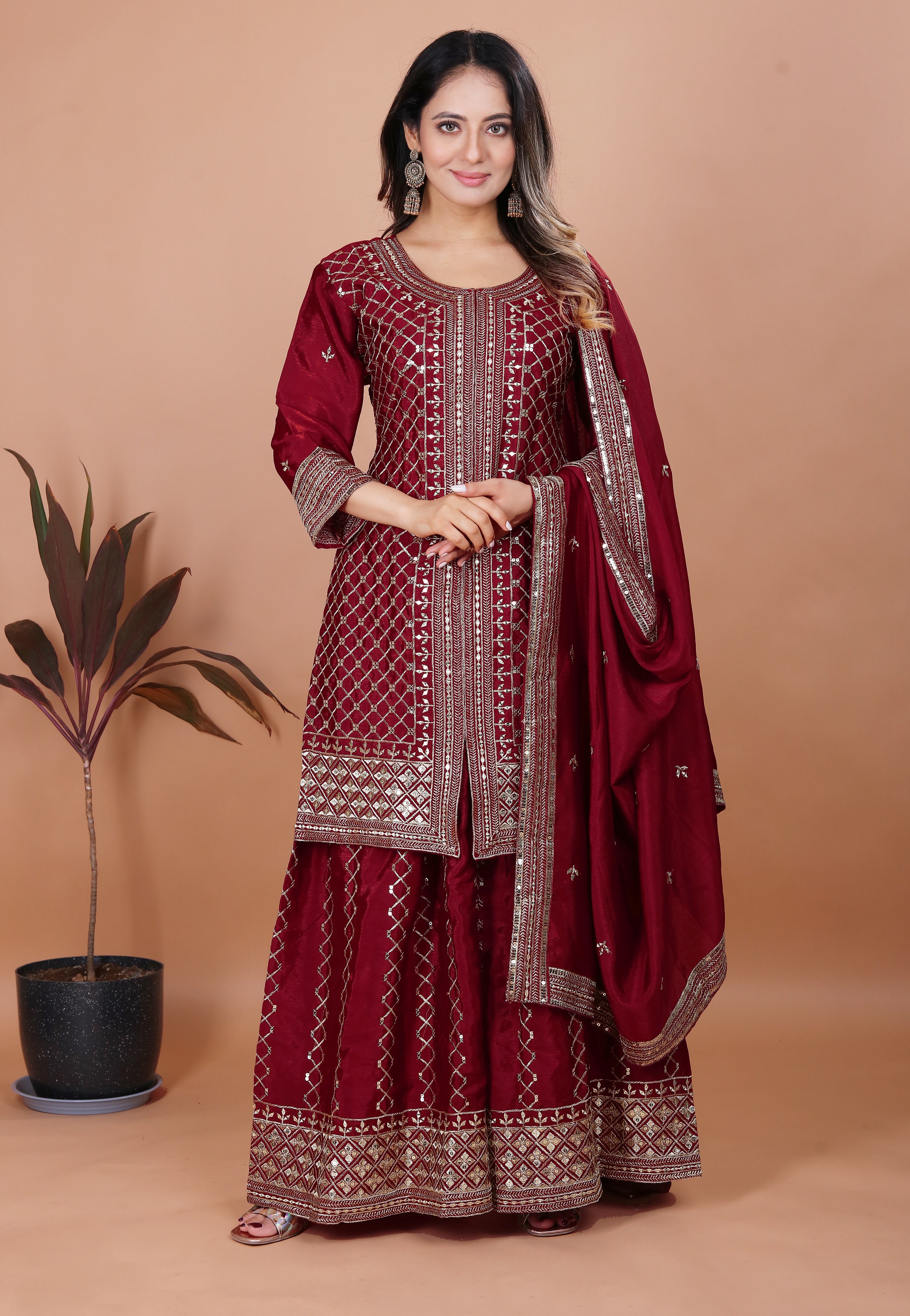 Maroon Silk Sharara Suit with Heavy Mirror Work and Intricate Geometric Embroidery