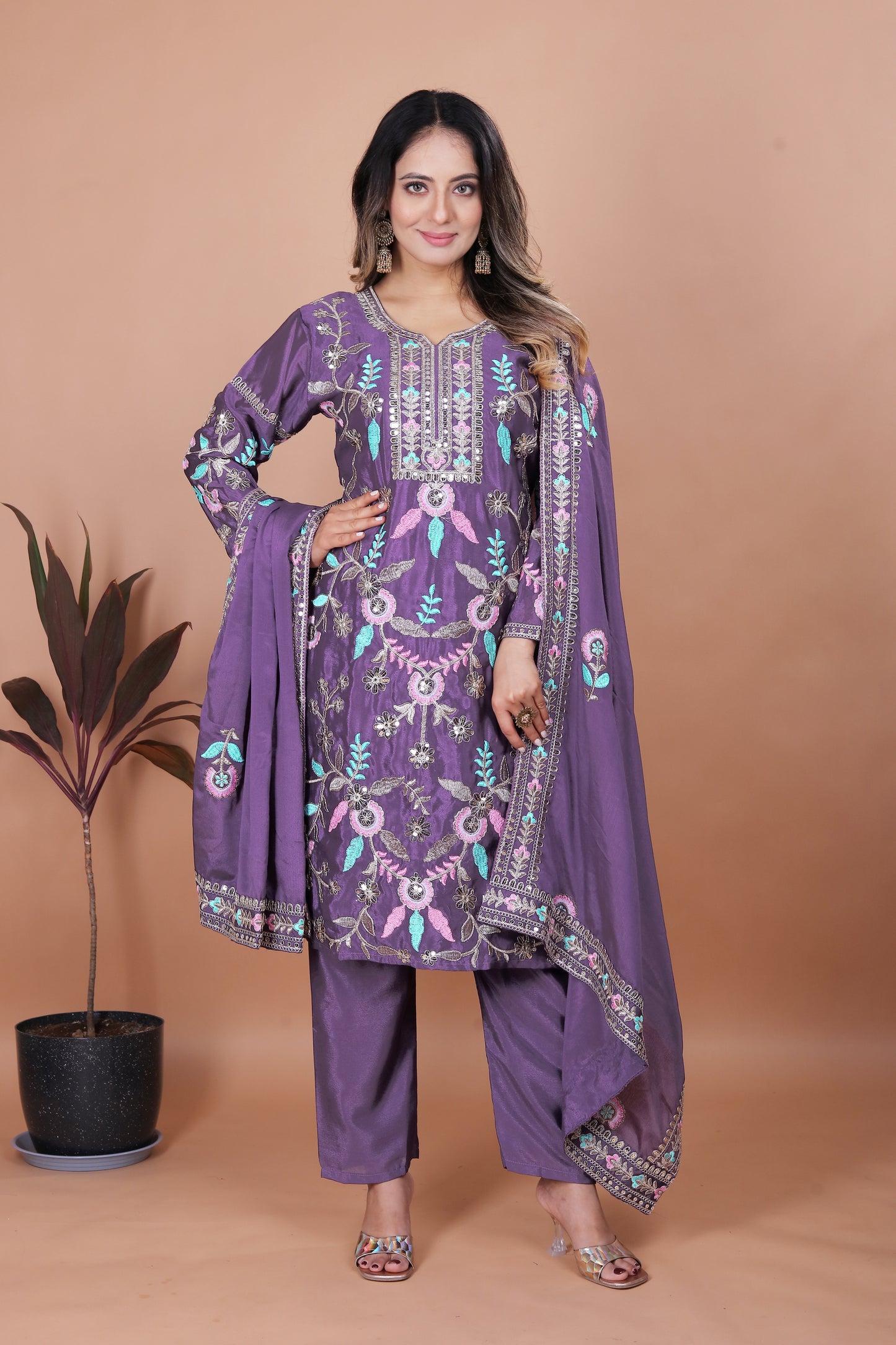 Lavender Silk Straight Suit with Multicolor Thread and Mirror Embroidery