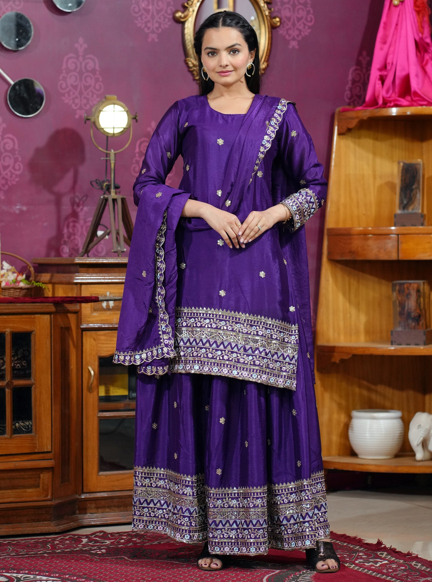 Purple Silk Sharara Set with Mirror Work and Intricate Zari Border Detailing