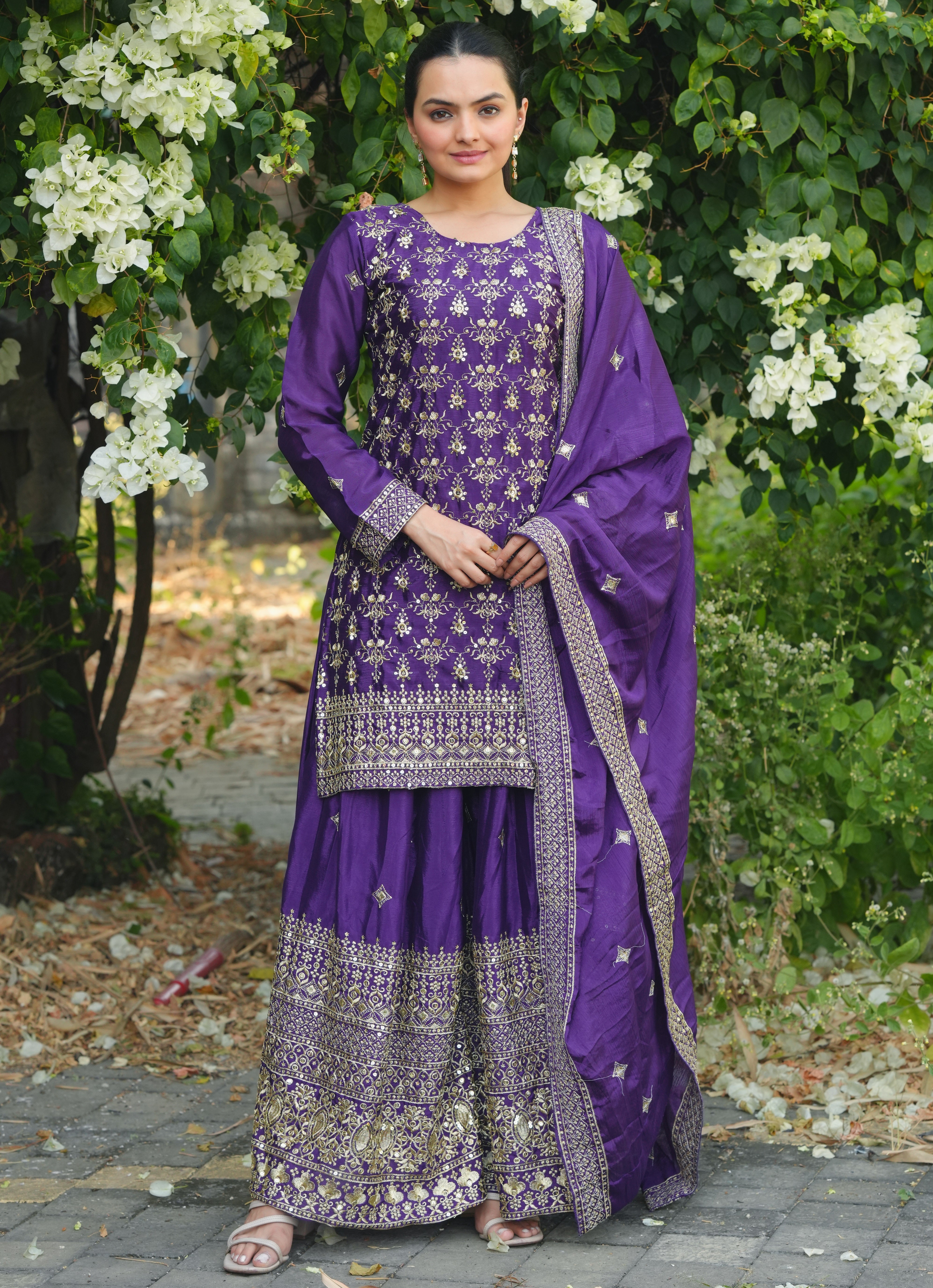 Purple Silk Sharara Suit with Heavy Golden Zari & Sequin Embroidery