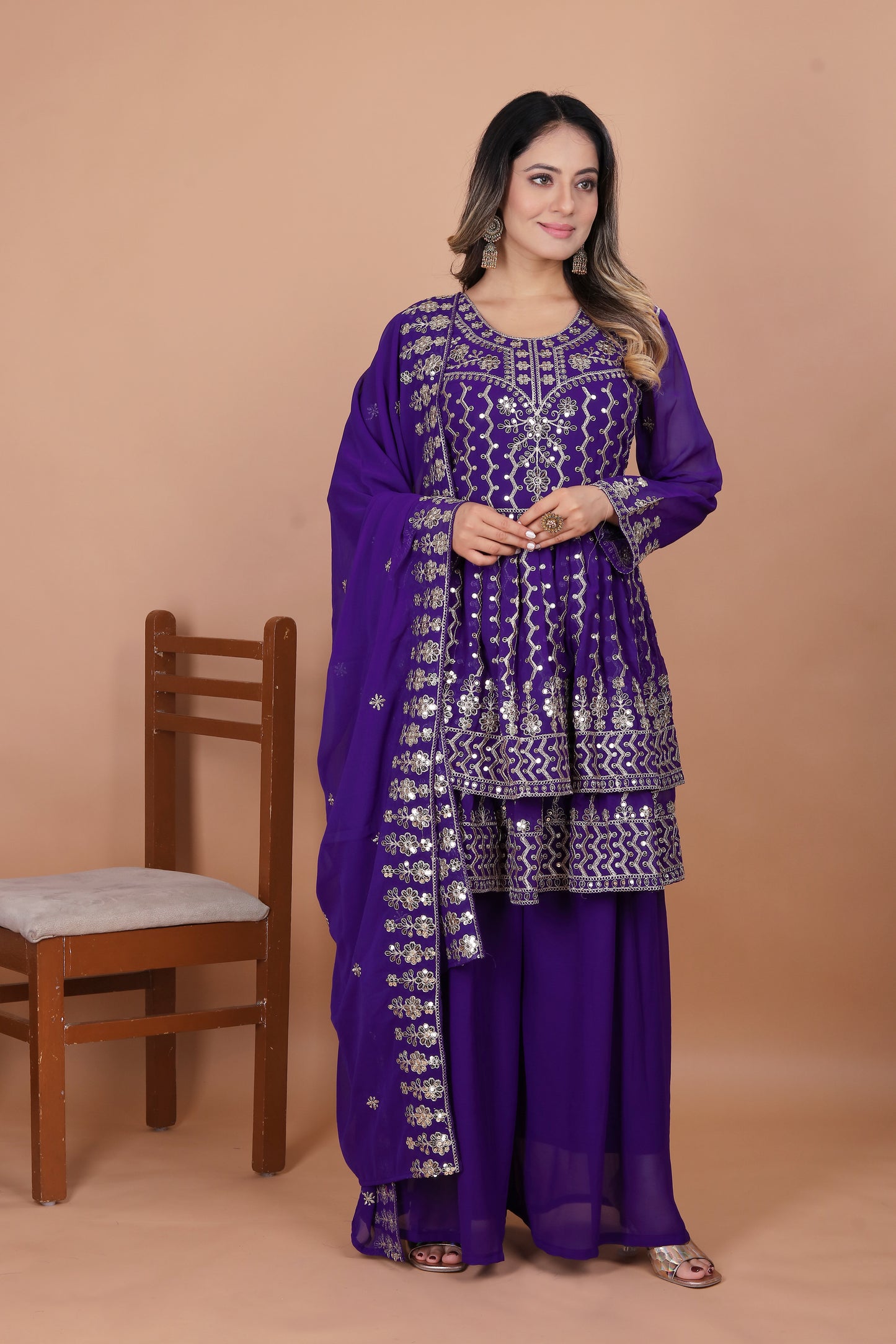 Purple Peplum Style Sharara Suit with Heavy Golden Embroidery and Sequin Detailing
