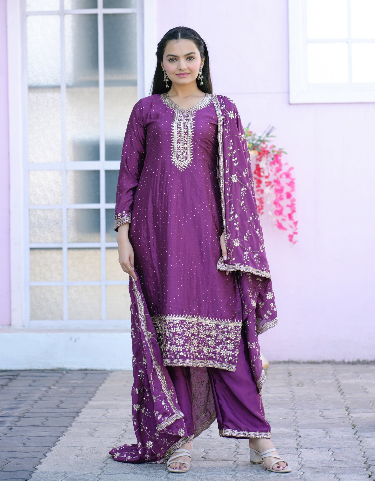 Designer Chinon Embroidered Suit with Sequin & Stone Work | Party‑Wear Salwar Kameez Drape Dress