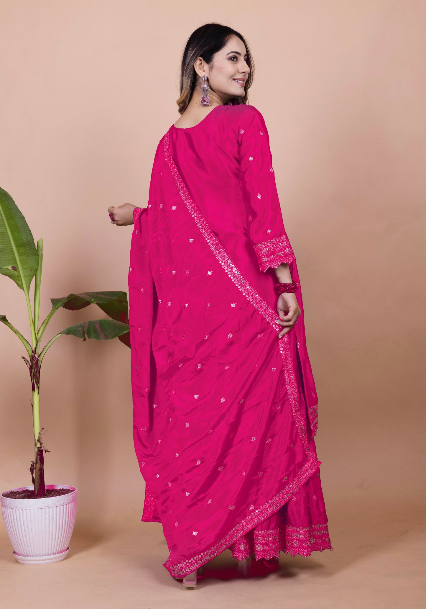 Designer Chinon Sharara Suit with Cording‑Sequin Embroidery | Party‑Wear Ensemble Drape Dress