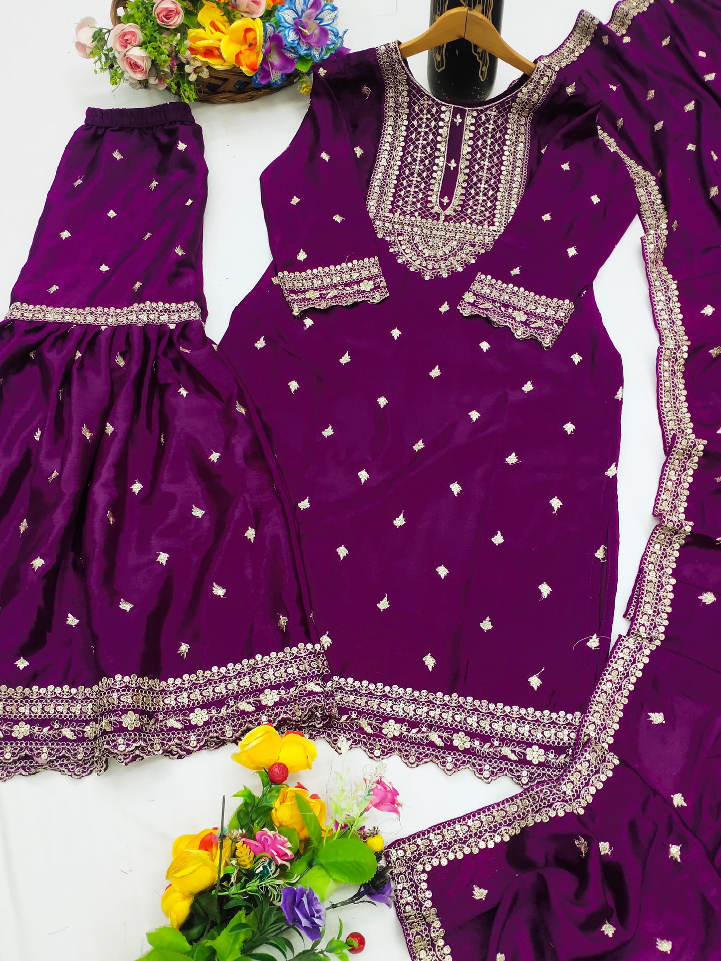 Designer Chinon Sharara Suit with Cording‑Sequin Embroidery | Party‑Wear Ensemble Drape Dress
