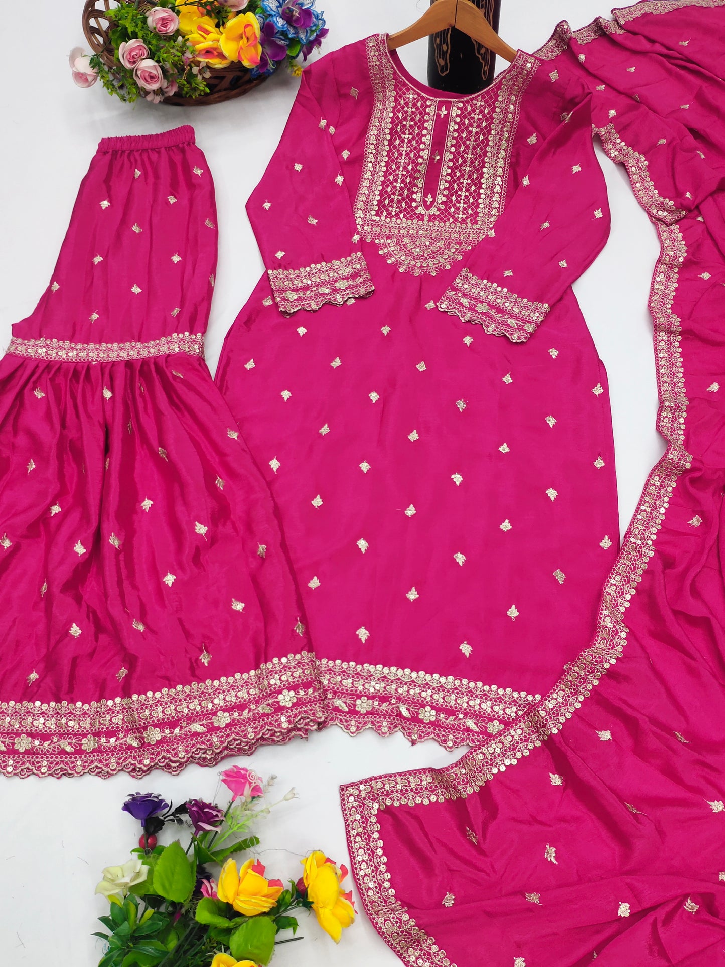 Designer Chinon Sharara Suit with Cording‑Sequin Embroidery | Party‑Wear Ensemble Drape Dress