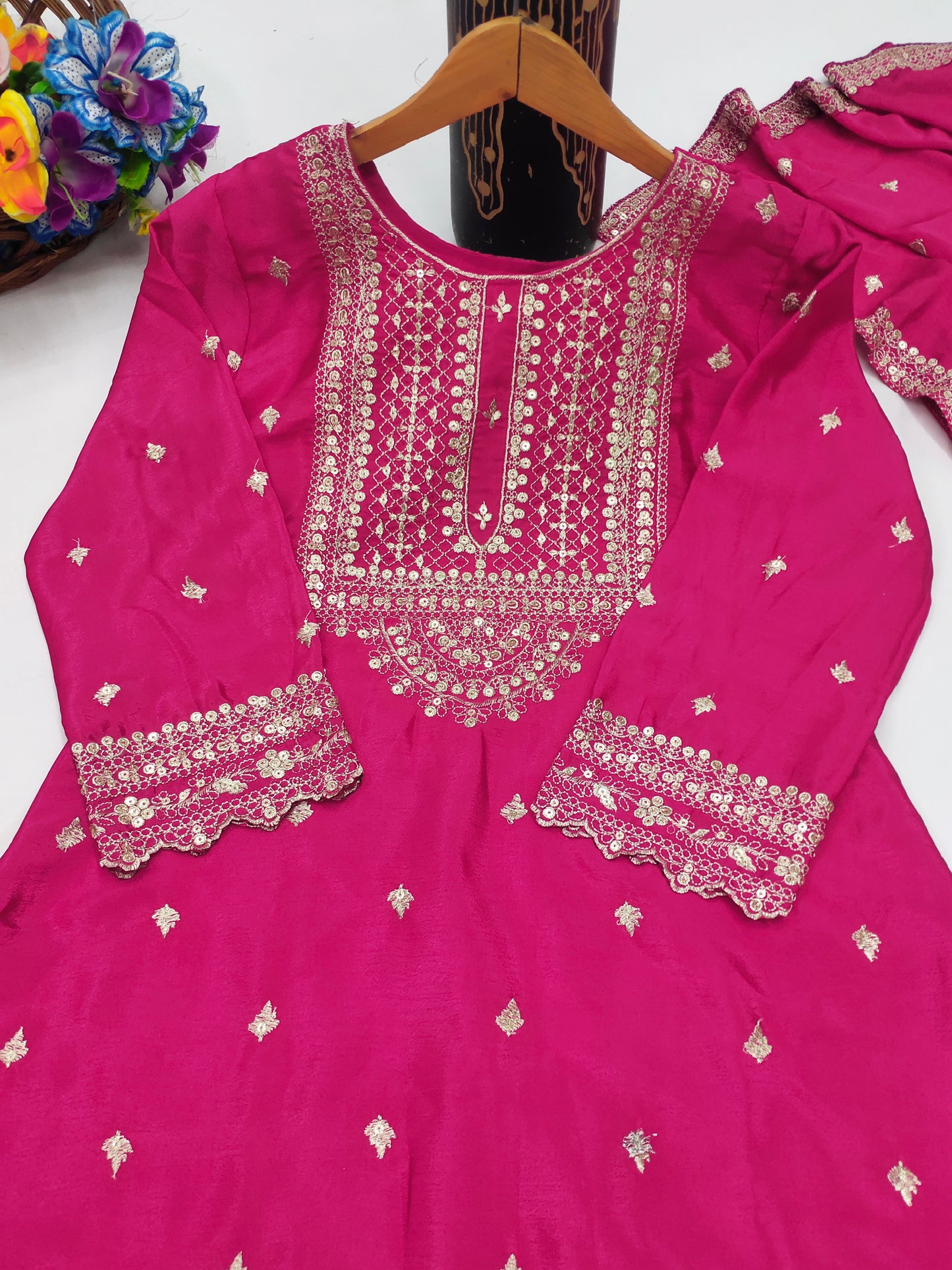 Designer Chinon Sharara Suit with Cording‑Sequin Embroidery | Party‑Wear Ensemble Drape Dress