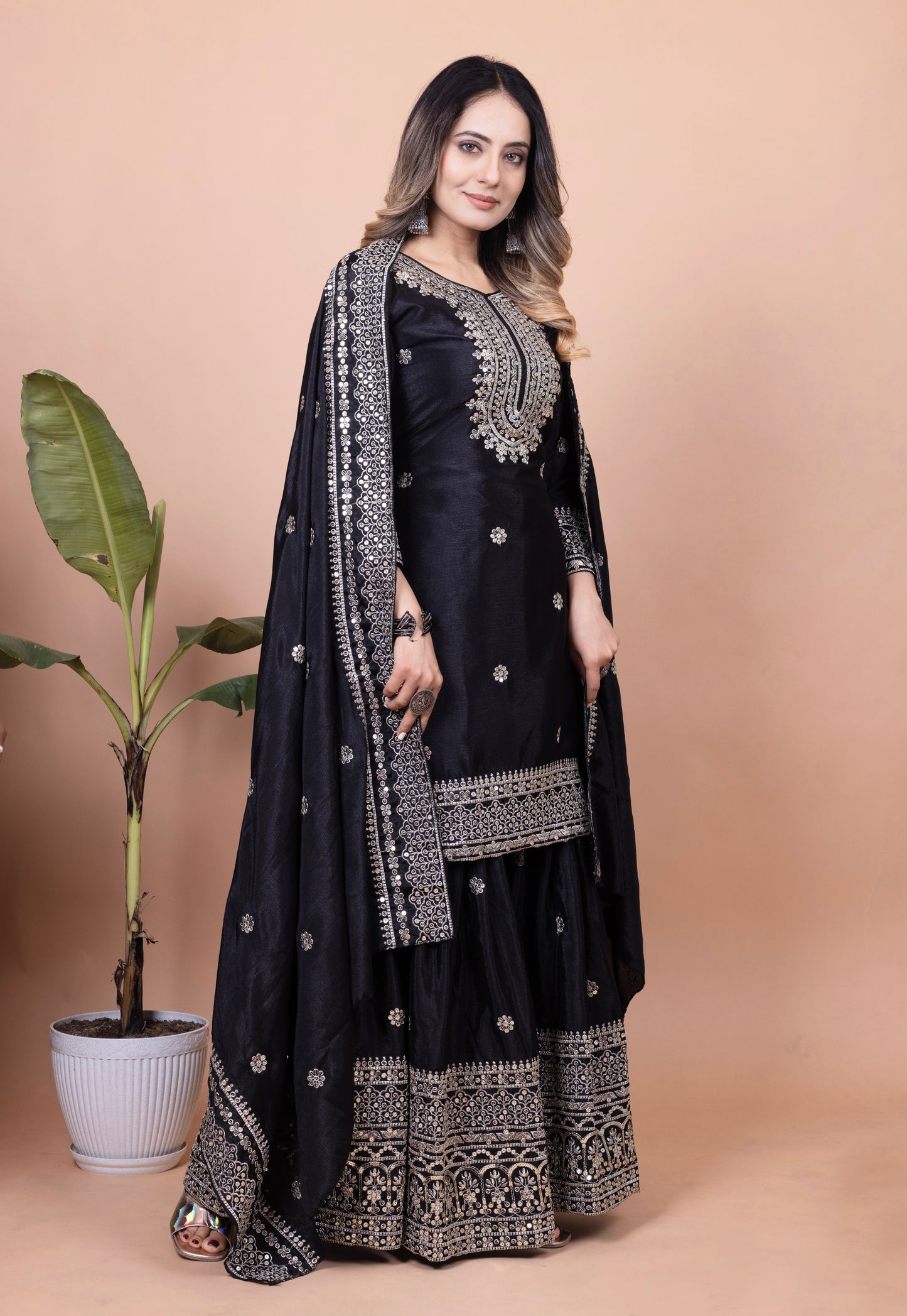 Designer Chinon Sharara Suit with Sequin Embroidery for Weddings Drape Dress