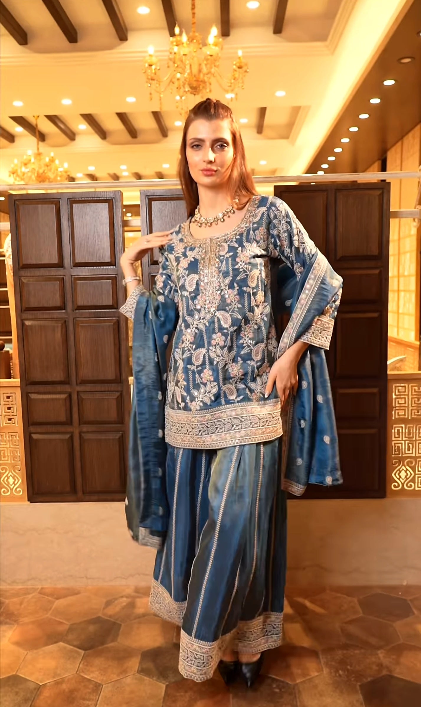 Teal Color Sharara Suit in Chinon With Sequence Embroidery Sharara Suit