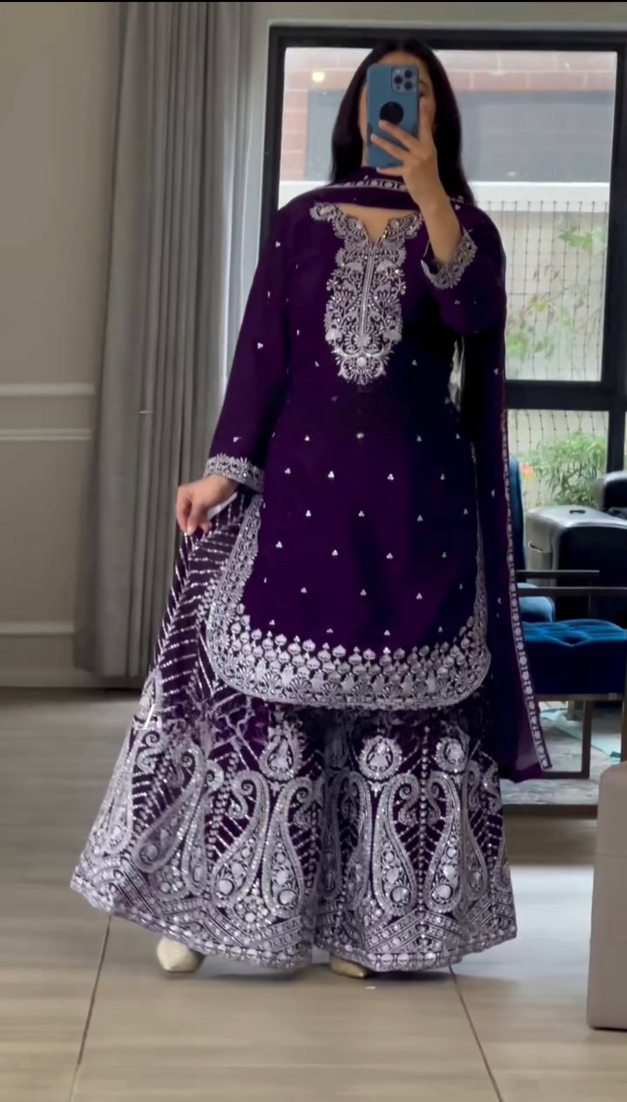 Designer Embroidered Chinon Sharara Suit With Sequence Embroidered Work