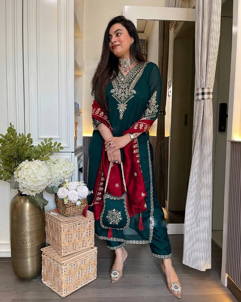 Lovely Peacock Blue Color Chinon Embroidery Work Salwar Suit