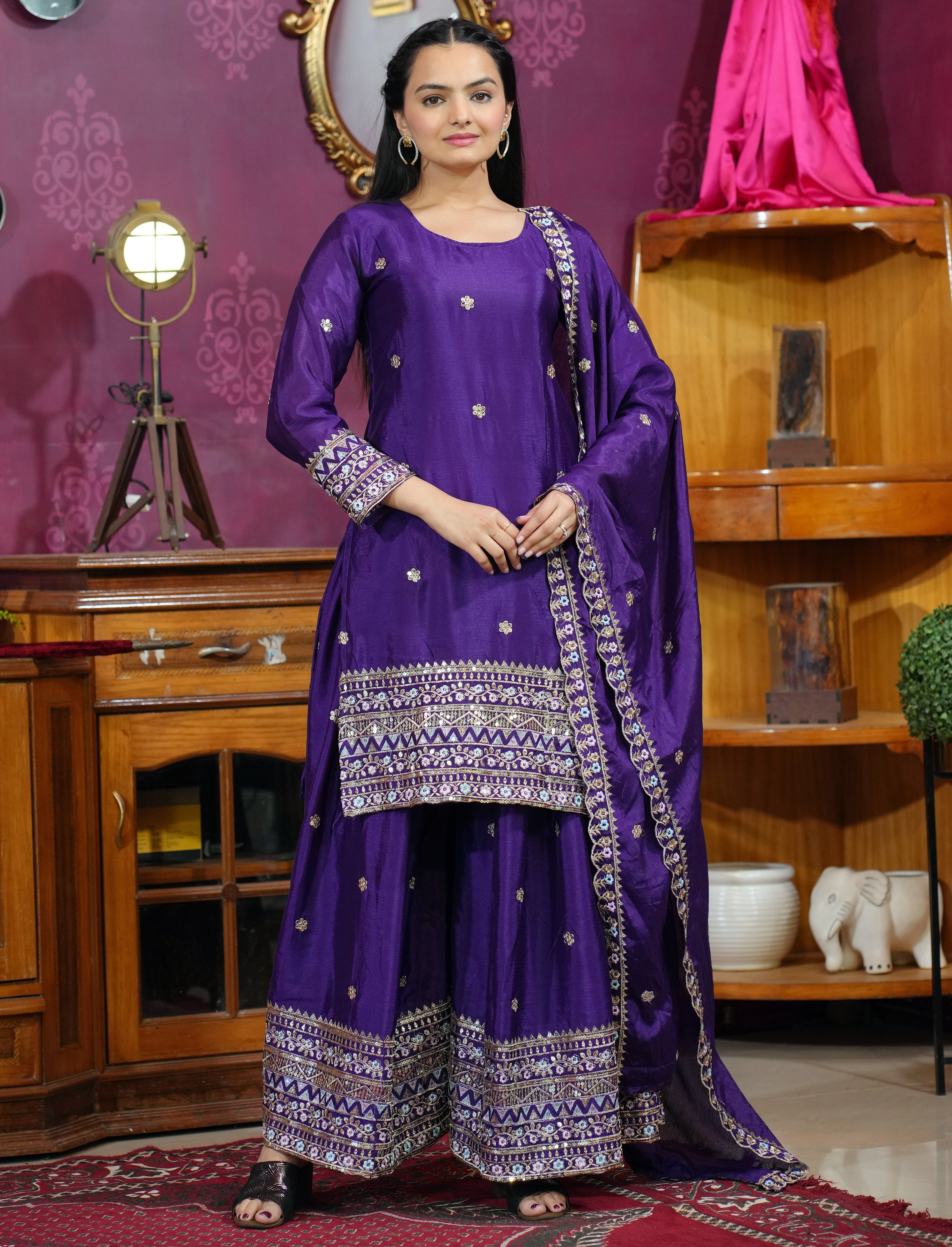 Purple Silk Sharara Set with Mirror Work and Intricate Zari Border Detailing