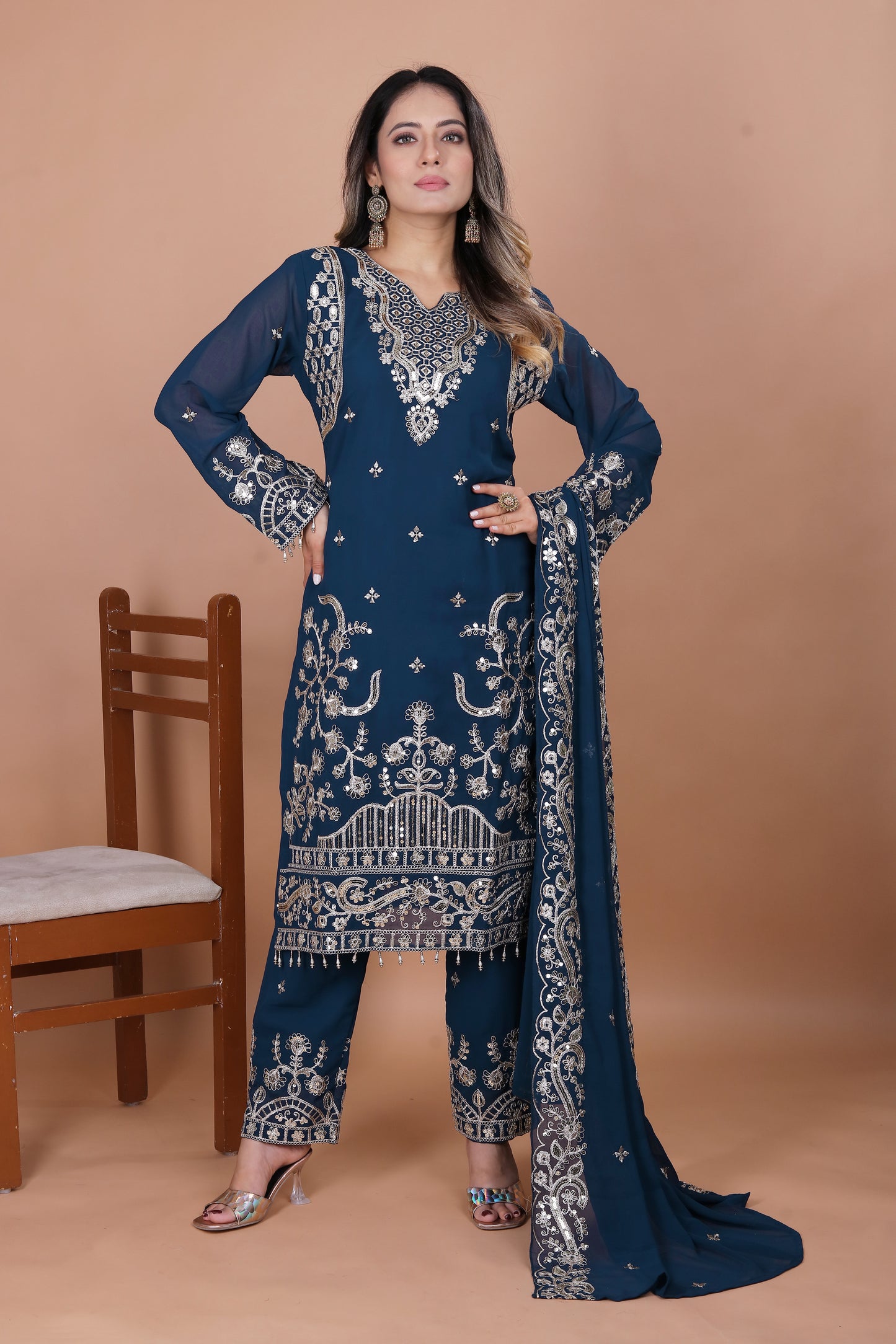 Teal Blue Silk Sharara Suit with Heavy Mirror Work and Intricate Embroidery
