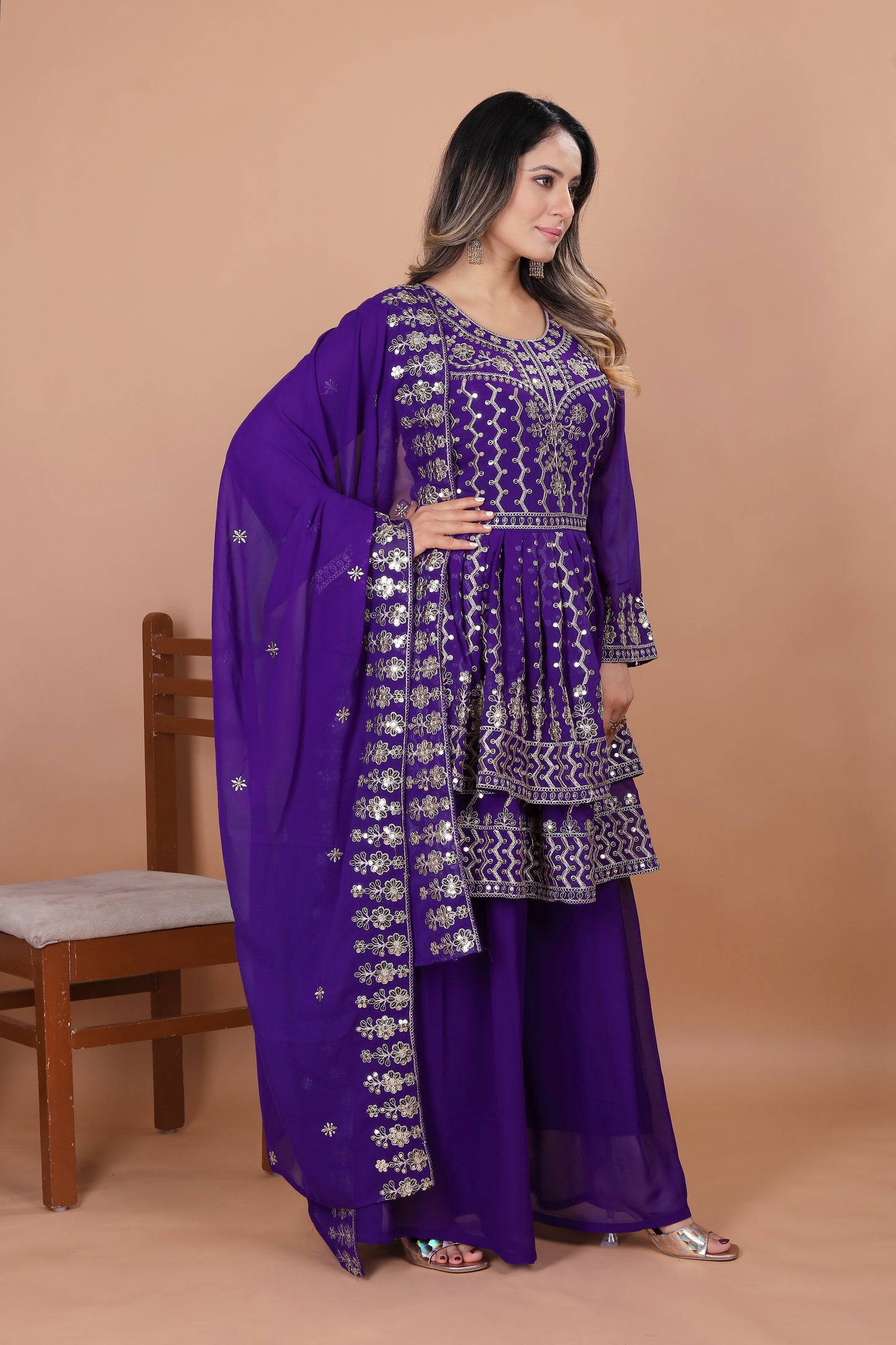 Purple Peplum Style Sharara Suit with Heavy Golden Embroidery and Sequin Detailing