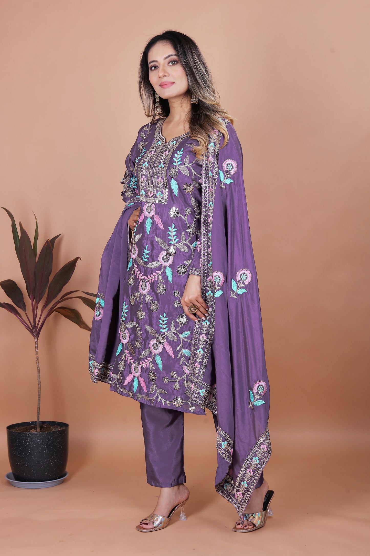 Lavender Silk Straight Suit with Multicolor Thread and Mirror Embroidery