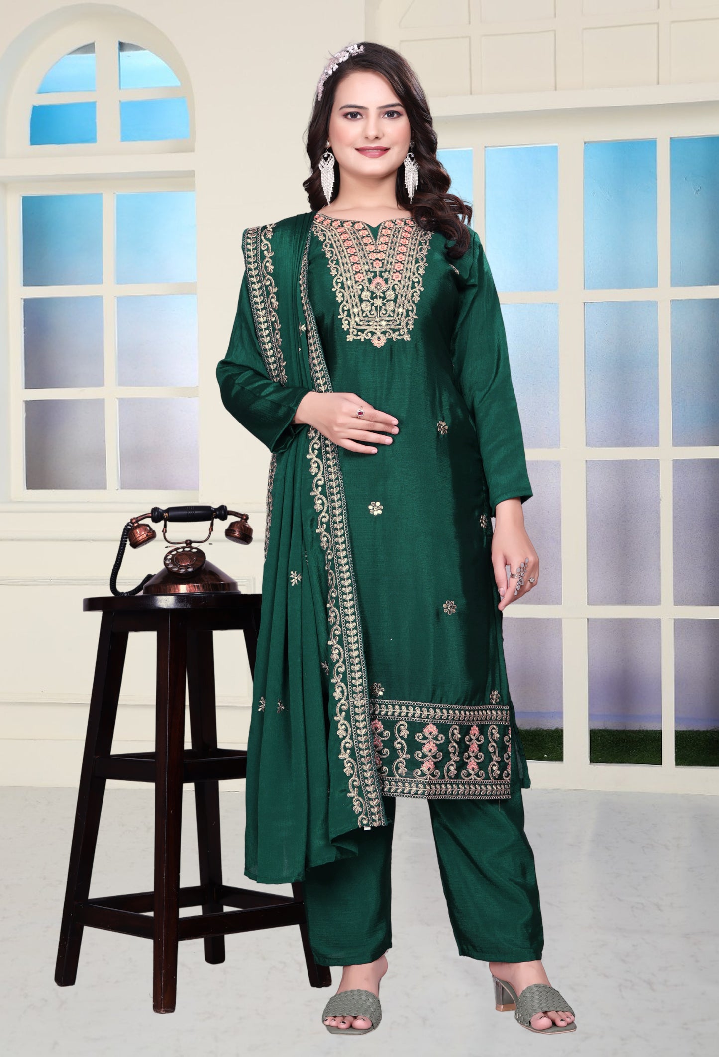 Designer Chinon Sharara Suit with Coding Sequin Embroidery Work Drape Dress