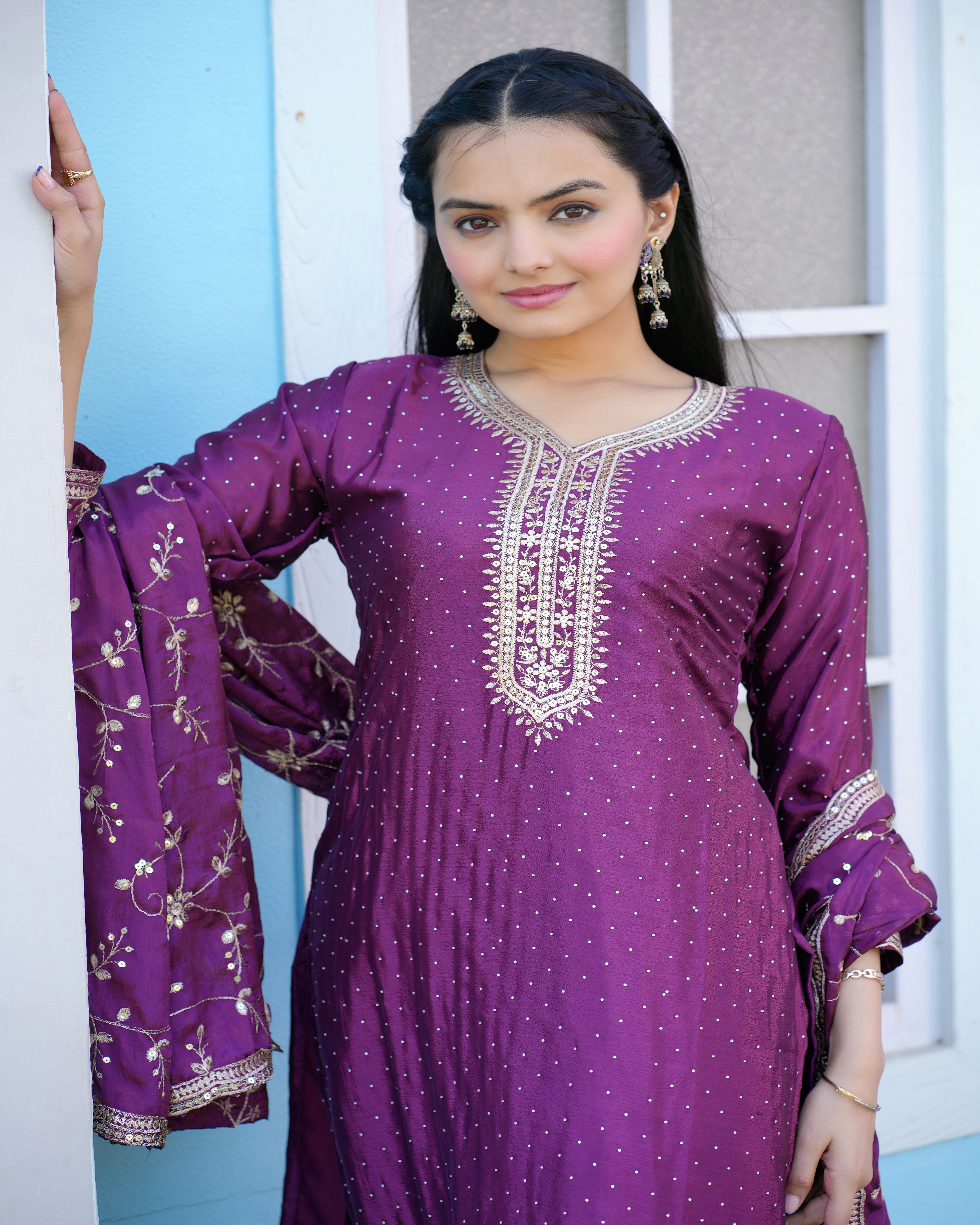 Designer Chinon Embroidered Suit with Sequin & Stone Work | Party‑Wear Salwar Kameez Drape Dress
