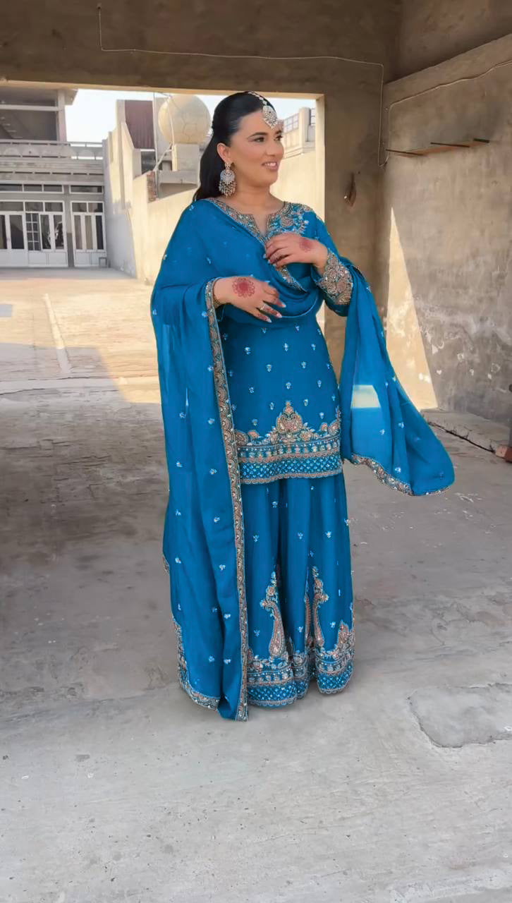 Designer Chinon Sharara Suit with Stunning Sequin Embroidered Work
