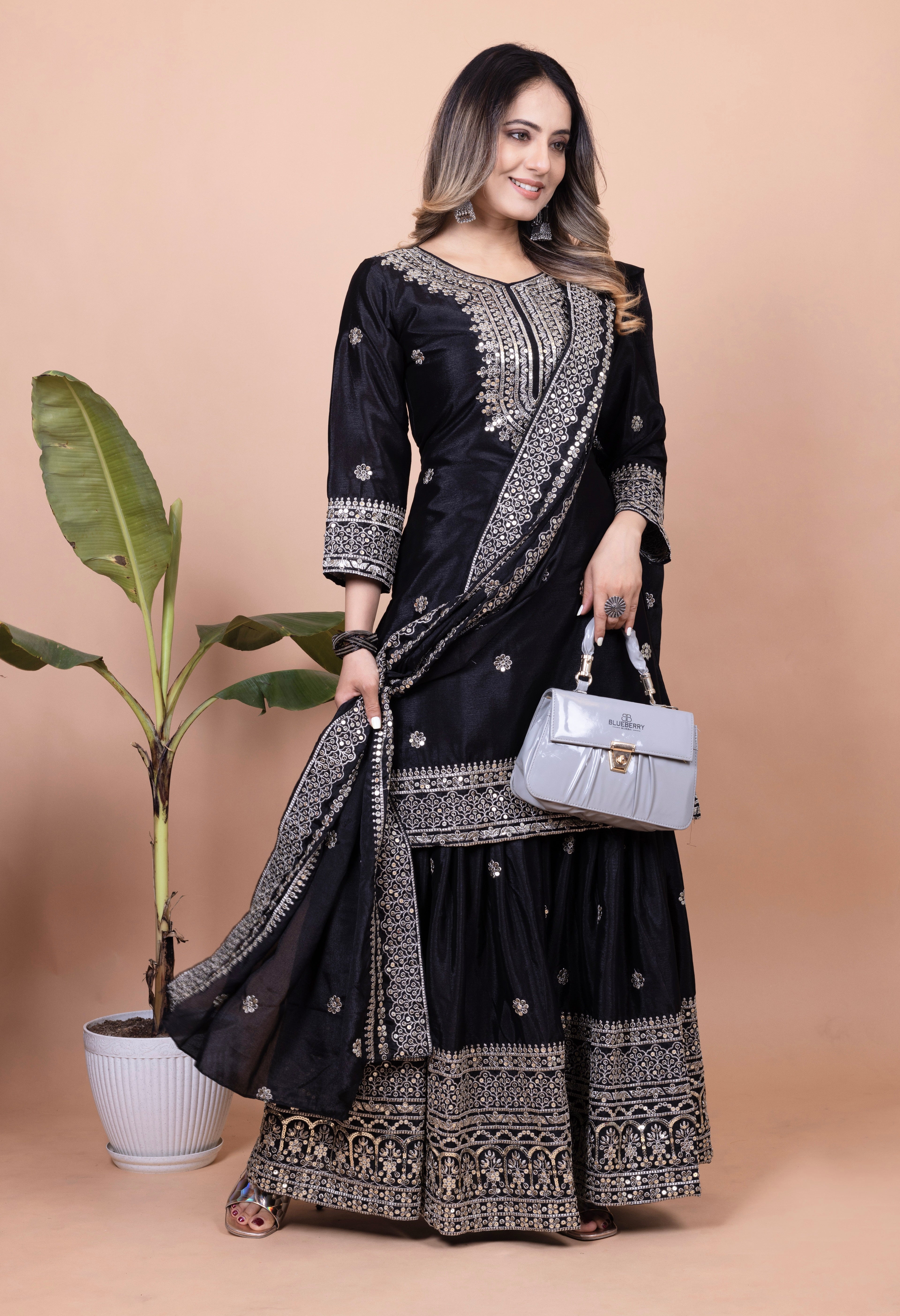 Designer Chinon Sharara Suit with Sequin Embroidery for Weddings Drape Dress
