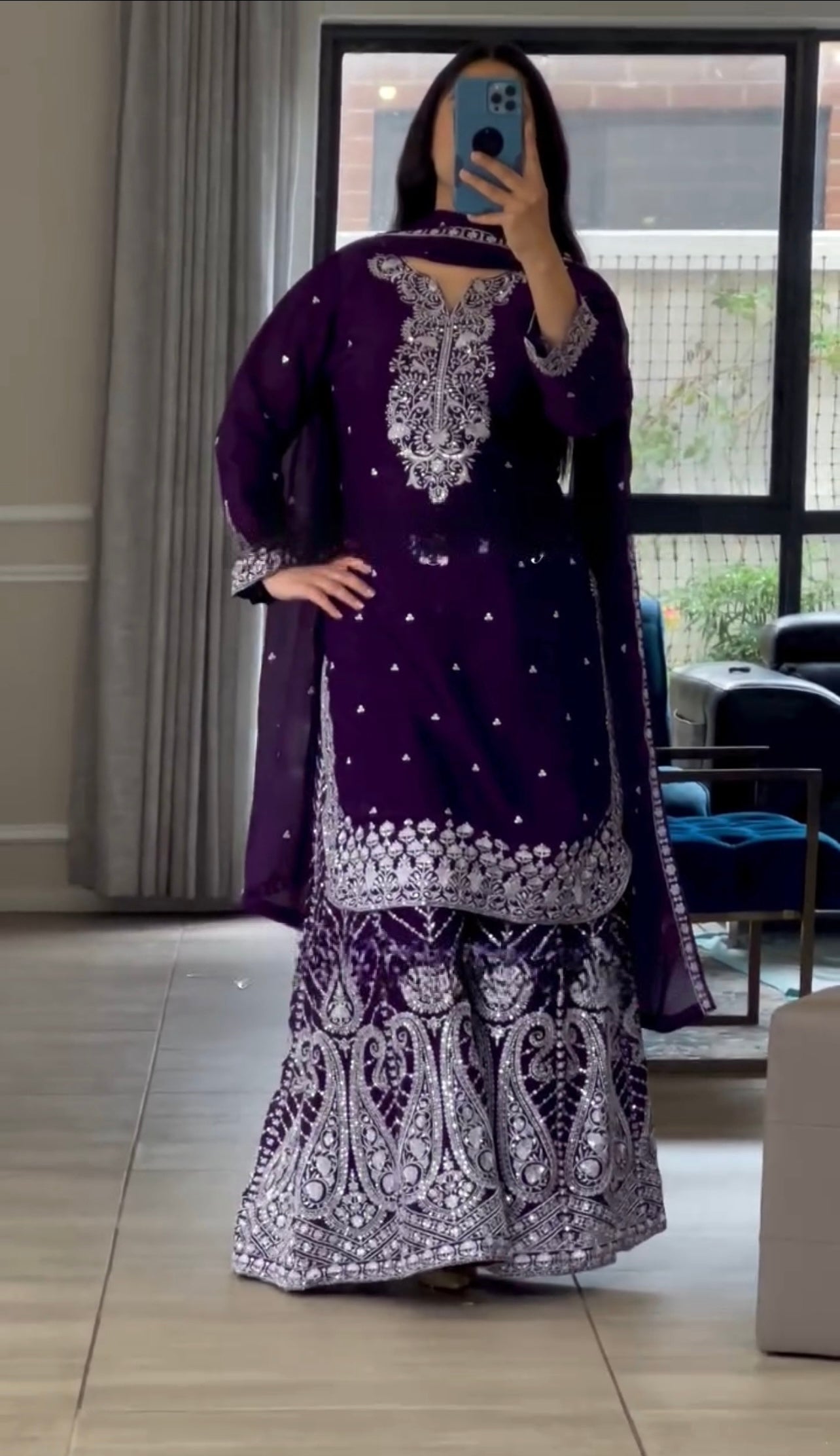 Designer Embroidered Chinon Sharara Suit With Sequence Embroidered Work