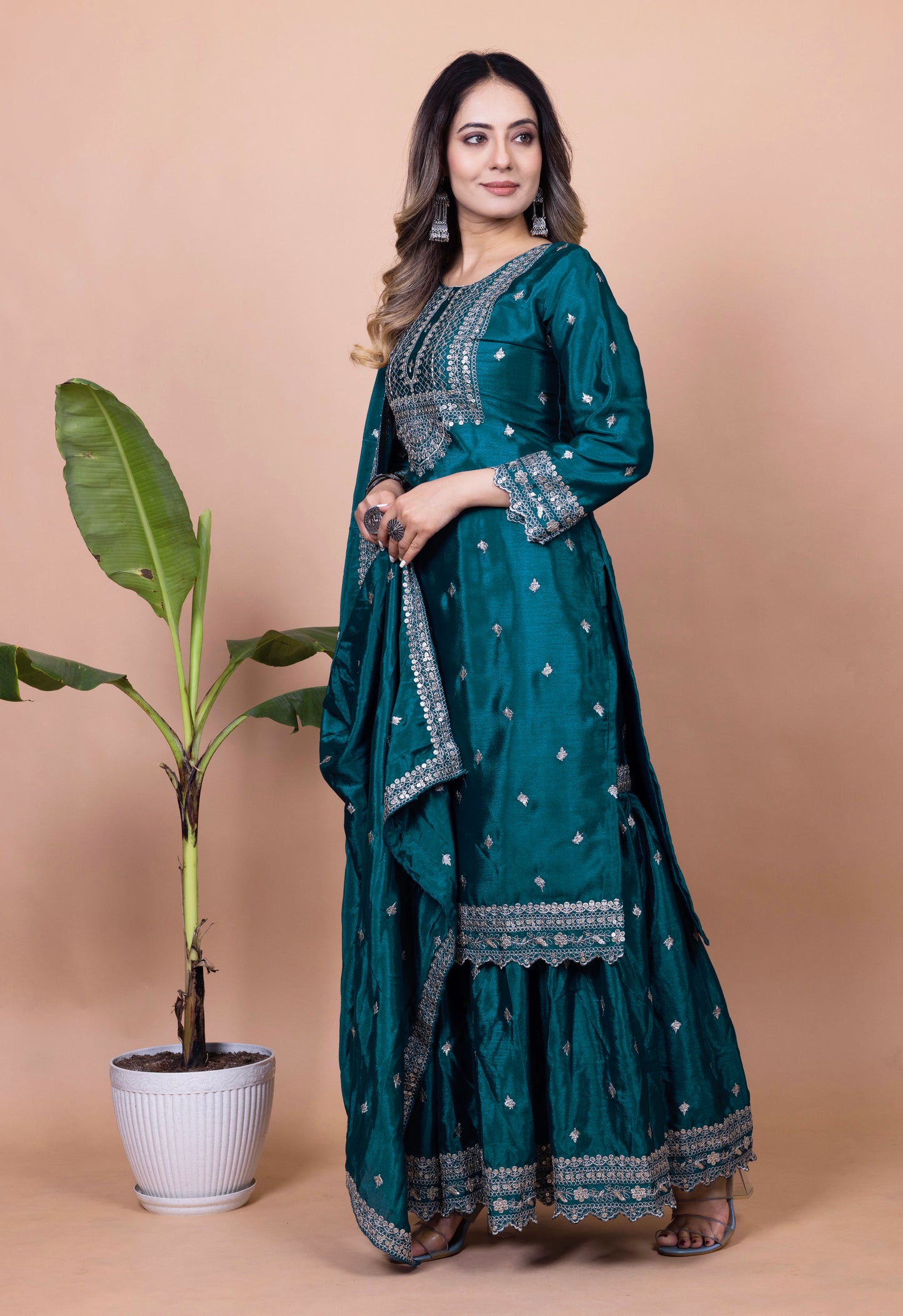 Designer Chinon Sharara Suit with Cording‑Sequin Embroidery | Party‑Wear Ensemble Drape Dress