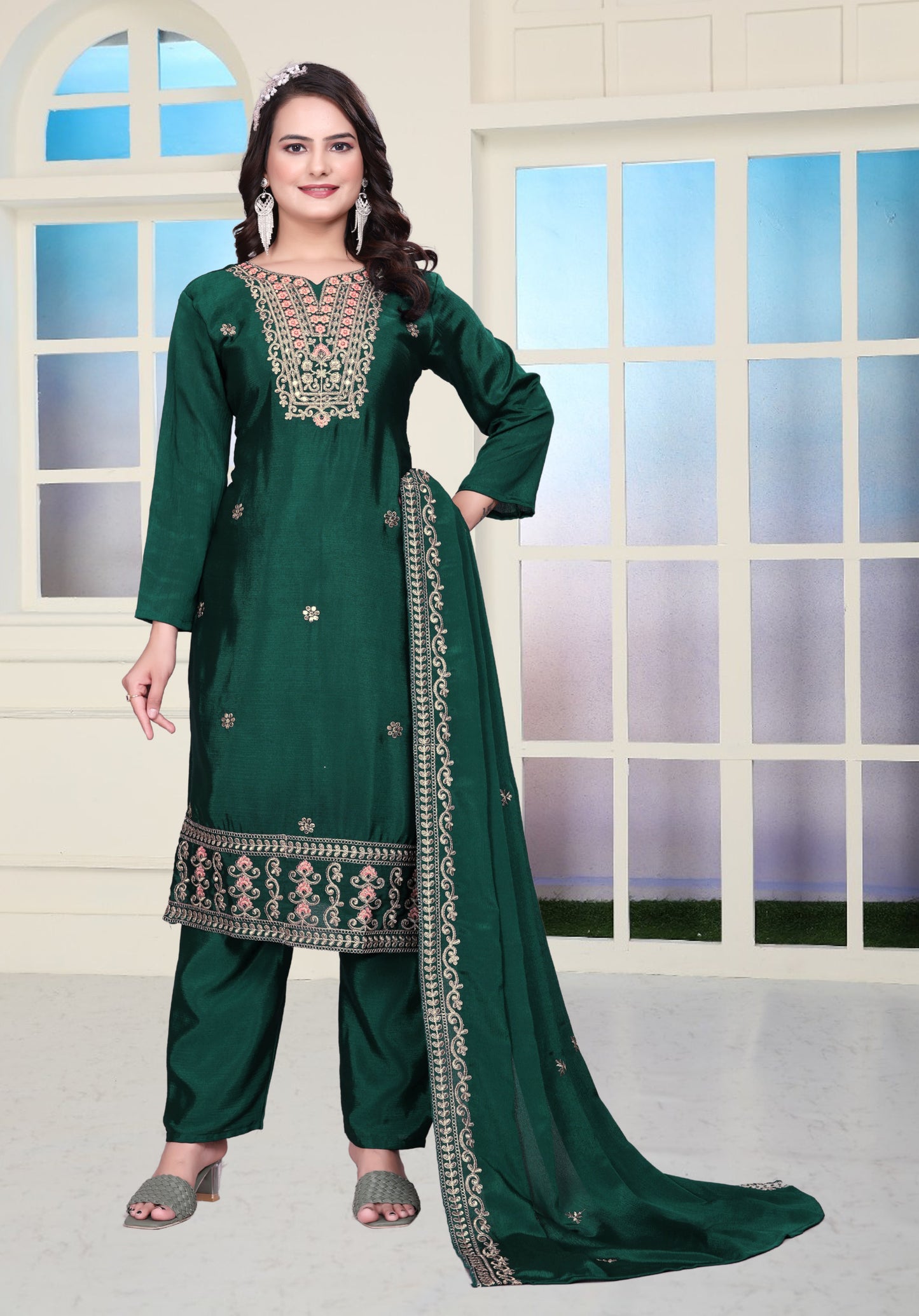 Designer Chinon Sharara Suit with Coding Sequin Embroidery Work Drape Dress