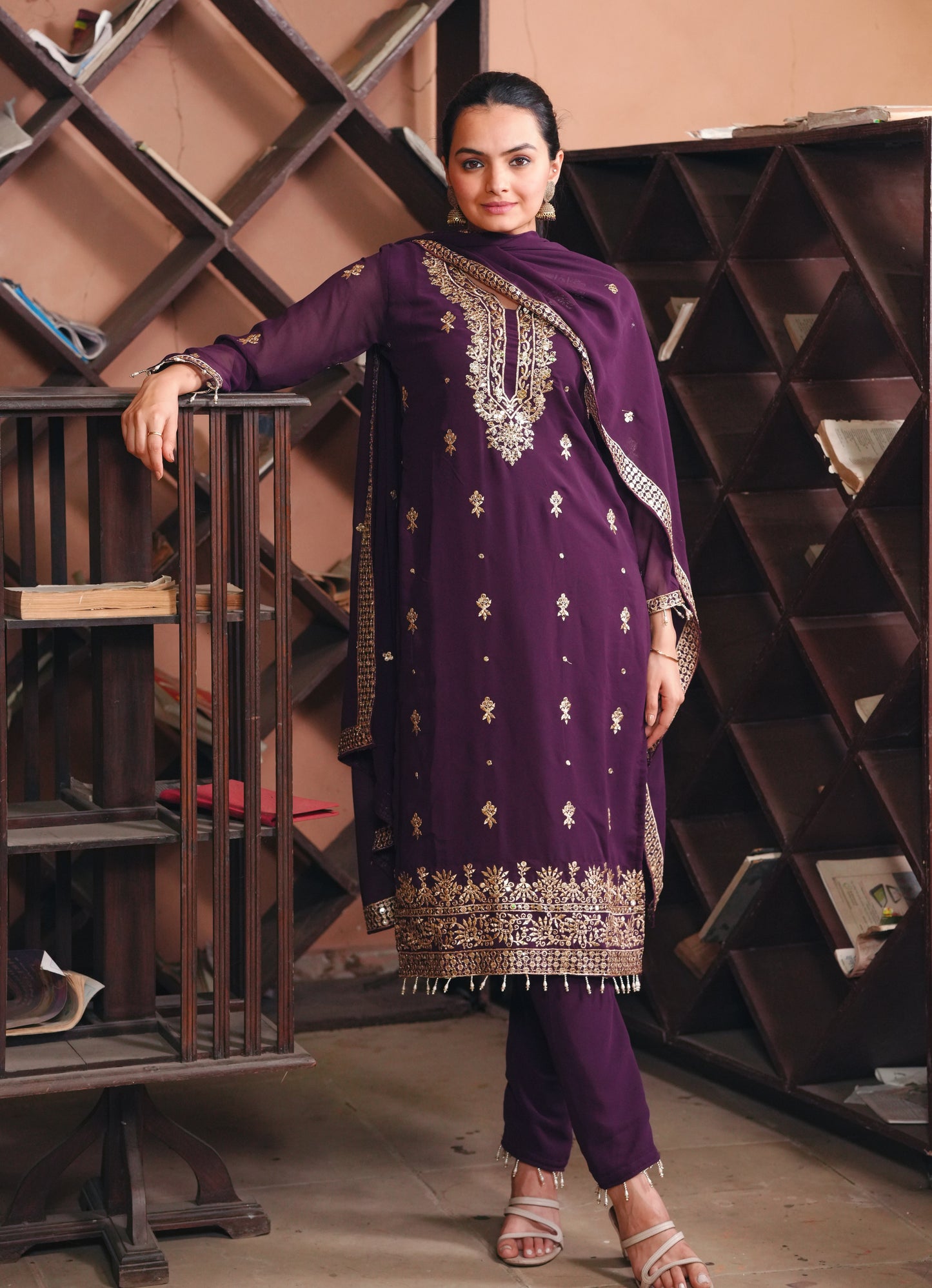 Purple Georgette Kurta Set with Golden Zari Work & Matching Dupatta